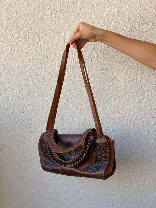 Vintage Handmade African Leather Purse Brown Floral Embossed Shoulder Bag - Balagan Vintage Shoulder Bag 00s, 90s, bag, consignment, genuine leather, shoulder bag, summer, Tojan, Y2K