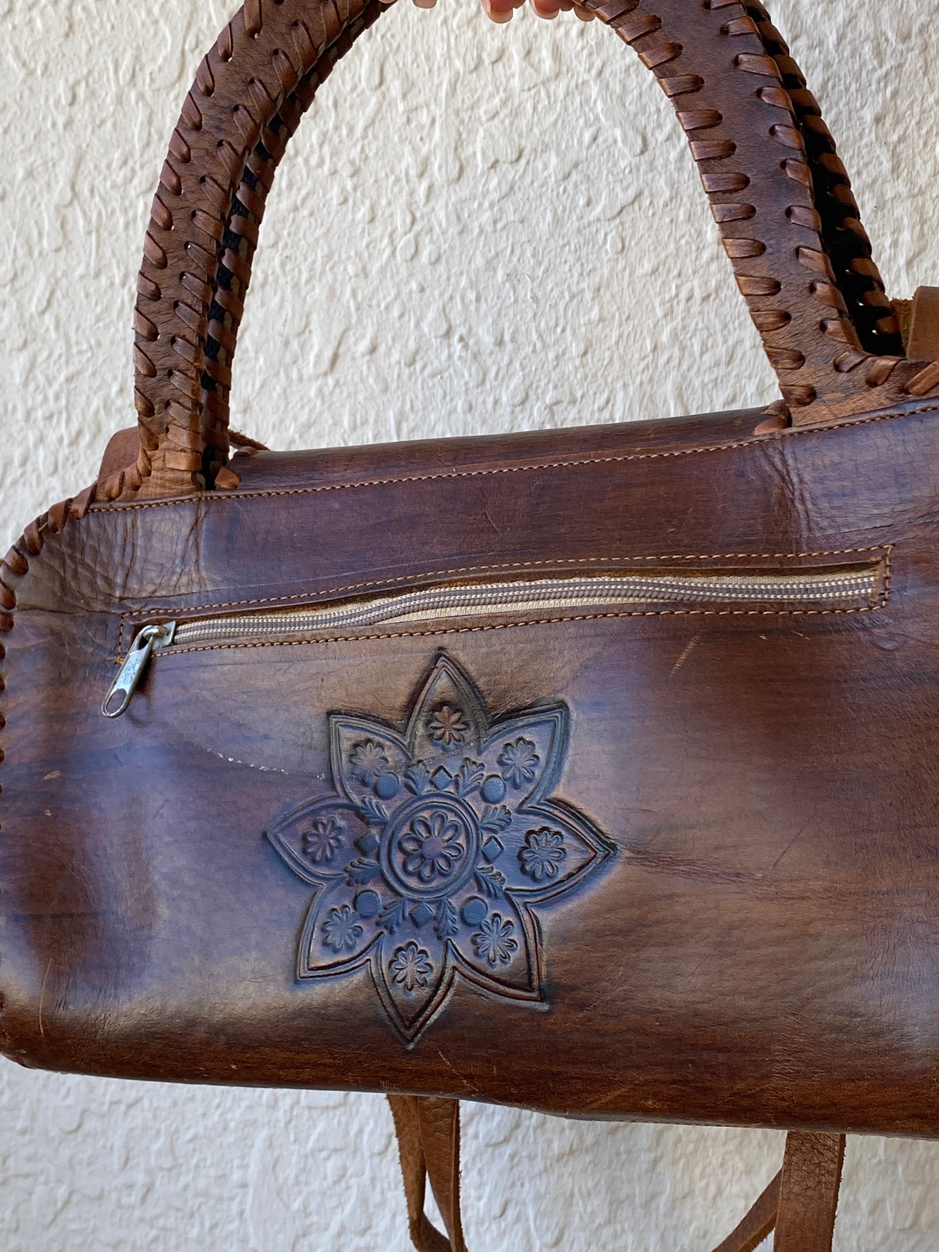 Vintage Handmade African Leather Purse Brown Floral Embossed Shoulder Bag - Balagan Vintage Shoulder Bag 00s, 90s, bag, consignment, genuine leather, shoulder bag, summer, Tojan, Y2K