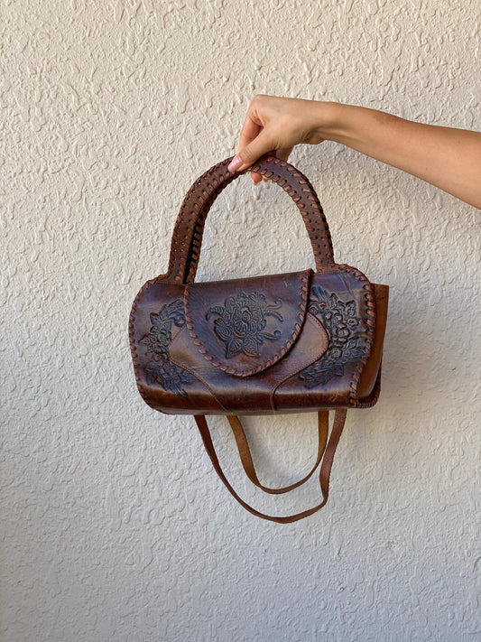 Vintage Handmade African Leather Purse Brown Floral Embossed Shoulder Bag - Balagan Vintage Shoulder Bag 00s, 90s, bag, consignment, genuine leather, shoulder bag, summer, Tojan, Y2K