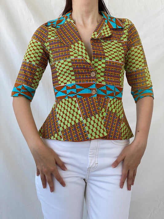 Vintage Handmade Afro Ethnic Print Ankara Short Jacket Green Brown Multicolor Blazer - S - Balagan Vintage Blazer Afro print, Ayah, blazer, full sleeve blazer, handmade, NEW IN, winter, Women's Blazers