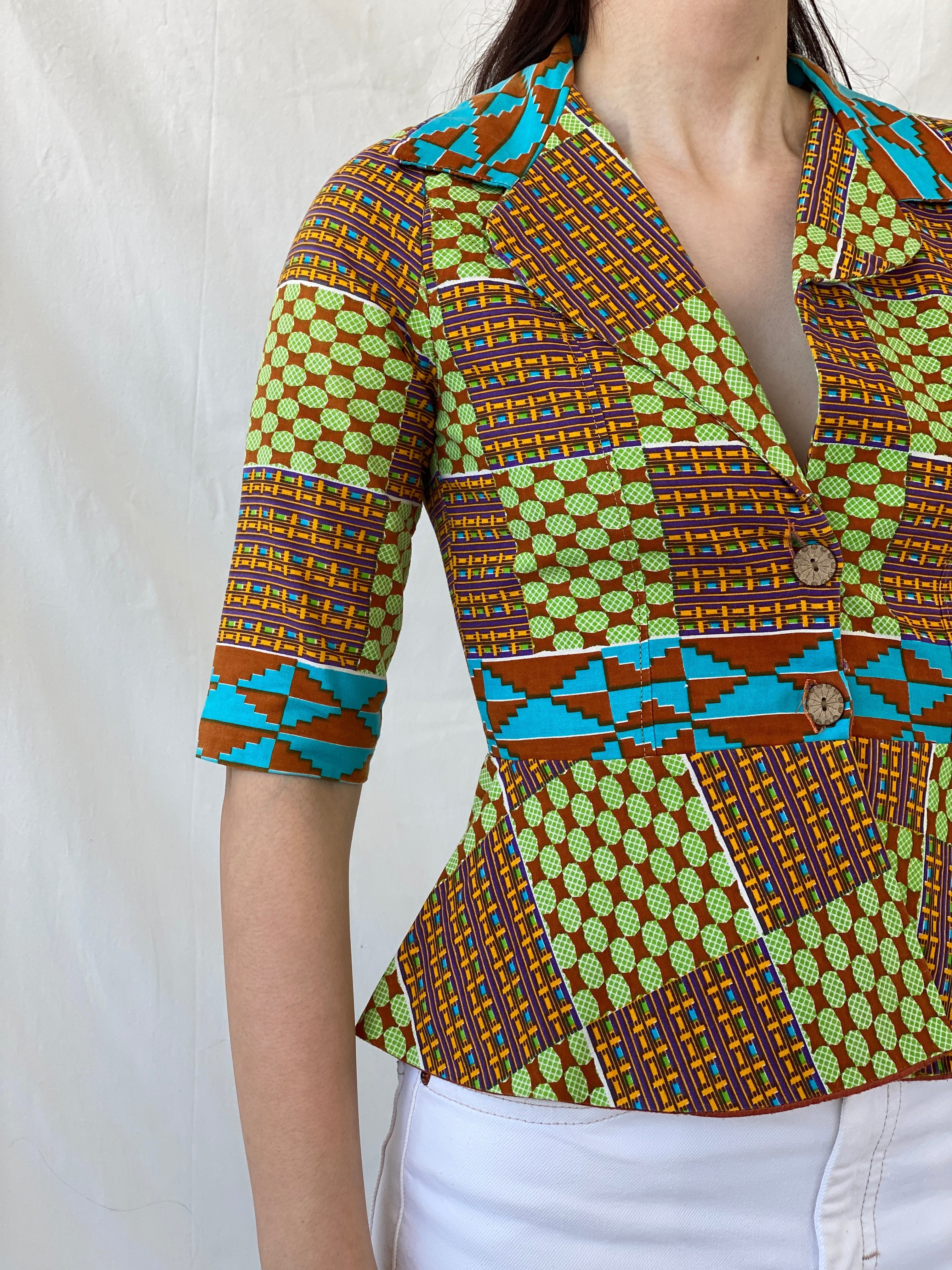 Vintage Handmade Afro Ethnic Print Ankara Short Jacket Green Brown Multicolor Blazer - S - Balagan Vintage Blazer Afro print, Ayah, blazer, full sleeve blazer, handmade, NEW IN, winter, Women's Blazers