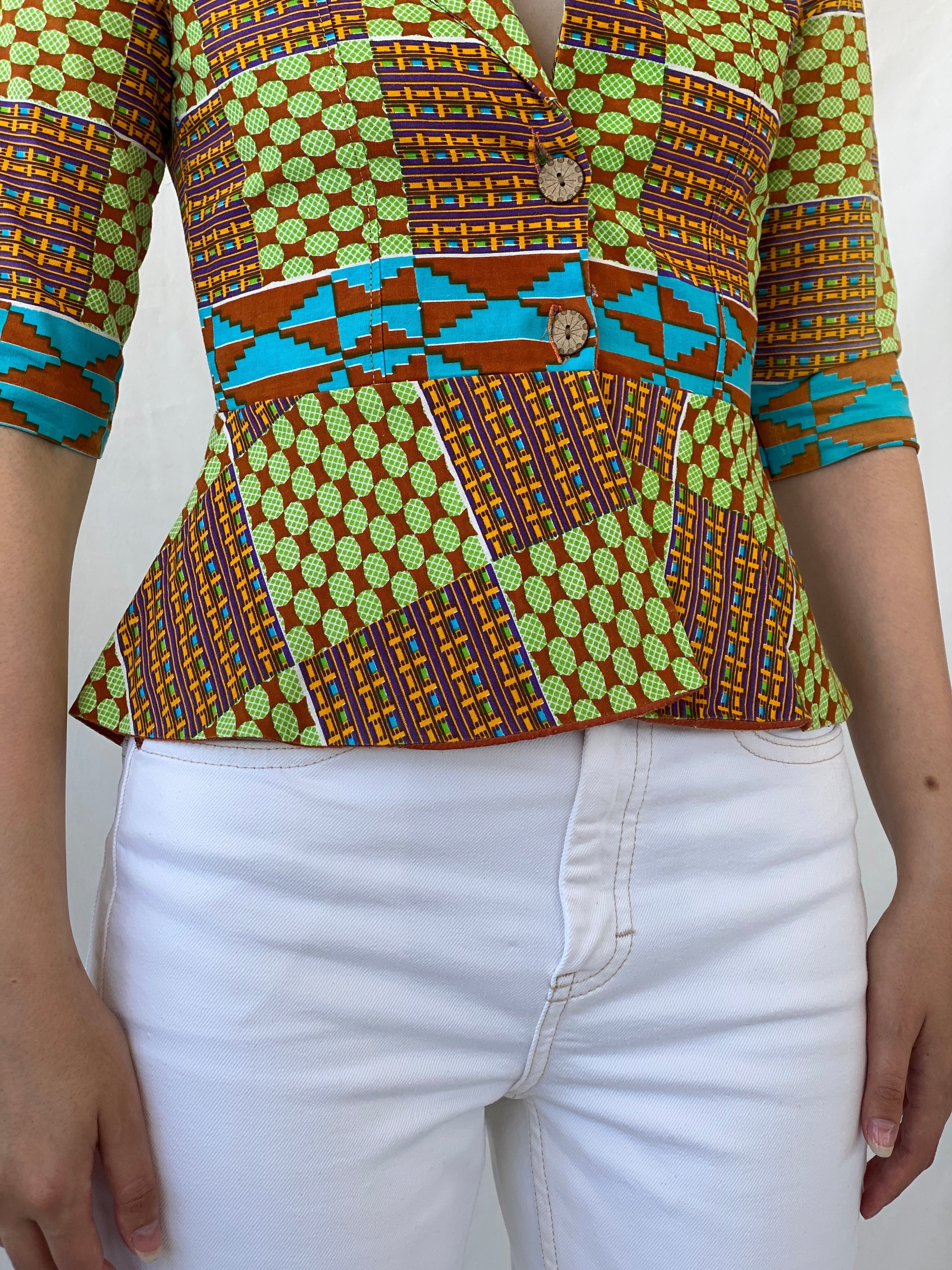 Vintage Handmade Afro Ethnic Print Ankara Short Jacket Green Brown Multicolor Blazer - S - Balagan Vintage Blazer Afro print, Ayah, blazer, full sleeve blazer, handmade, NEW IN, winter, Women's Blazers