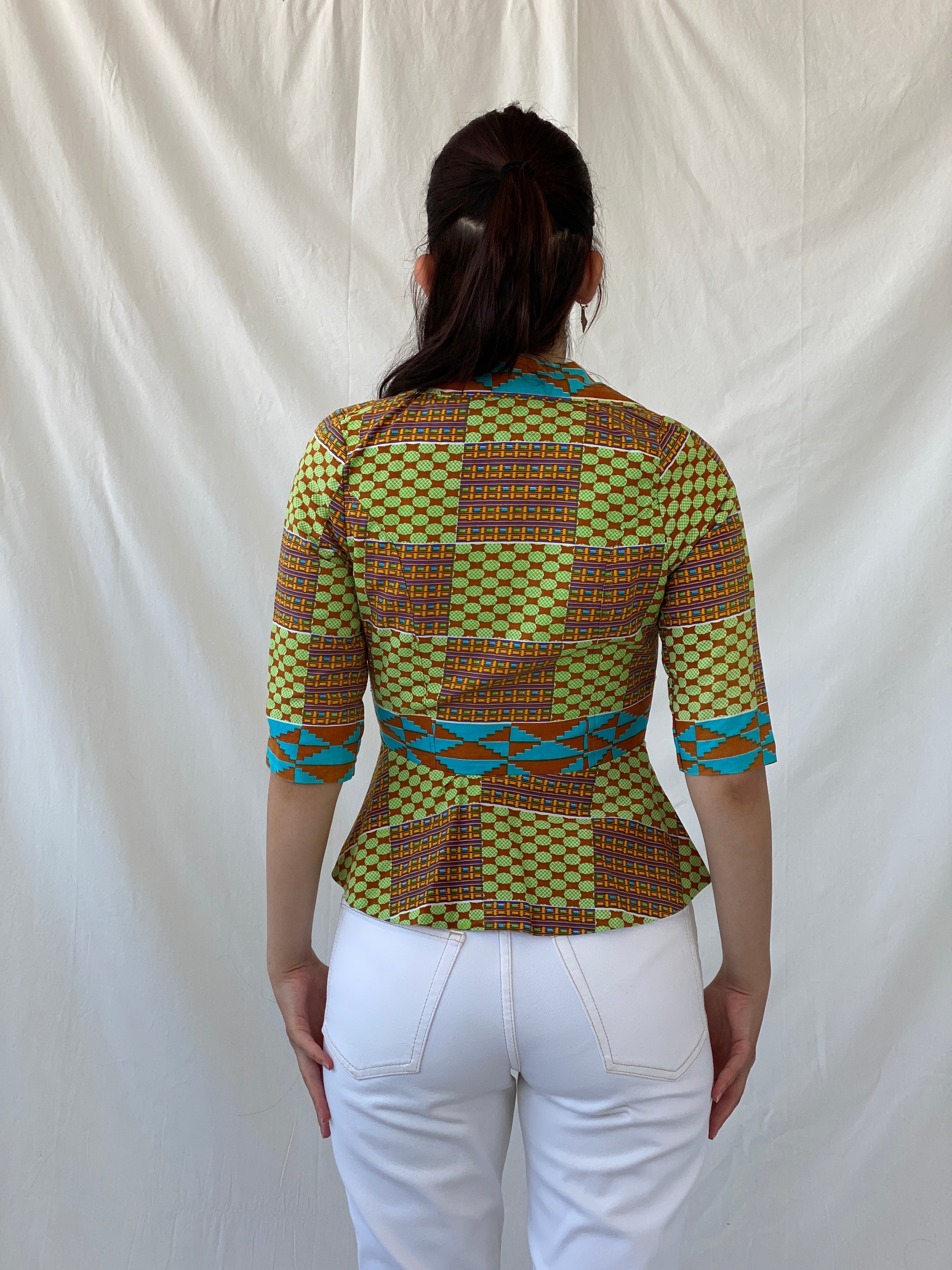 Vintage Handmade Afro Ethnic Print Ankara Short Jacket Green Brown Multicolor Blazer - S - Balagan Vintage Blazer Afro print, Ayah, blazer, full sleeve blazer, handmade, NEW IN, winter, Women's Blazers