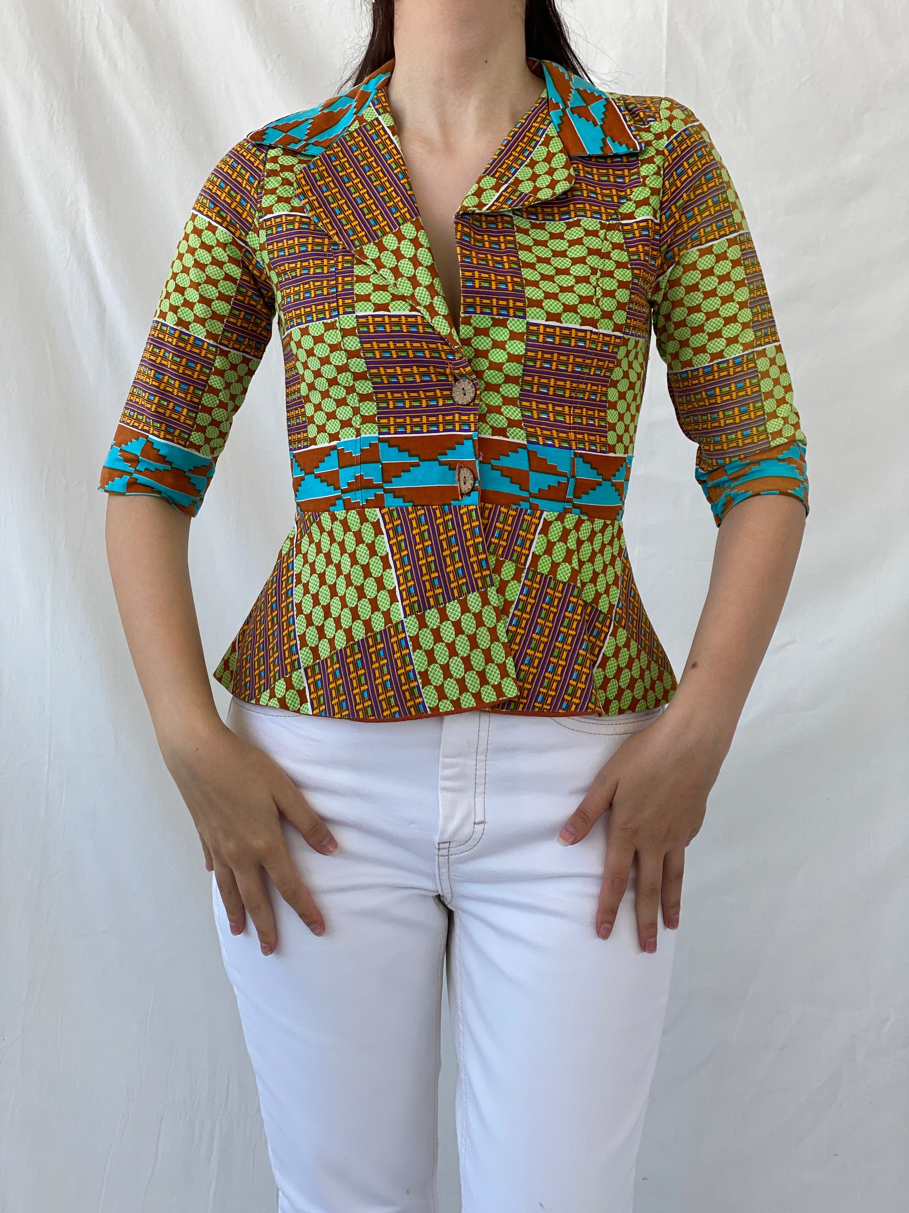 Vintage Handmade Afro Ethnic Print Ankara Short Jacket Green Brown Multicolor Blazer - S - Balagan Vintage Blazer Afro print, Ayah, blazer, full sleeve blazer, handmade, NEW IN, winter, Women's Blazers