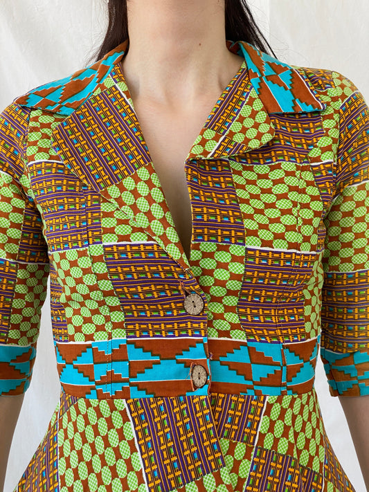 Vintage Handmade Afro Ethnic Print Ankara Short Jacket Green Brown Multicolor Blazer - S - Balagan Vintage Blazer Afro print, Ayah, blazer, full sleeve blazer, handmade, NEW IN, winter, Women's Blazers