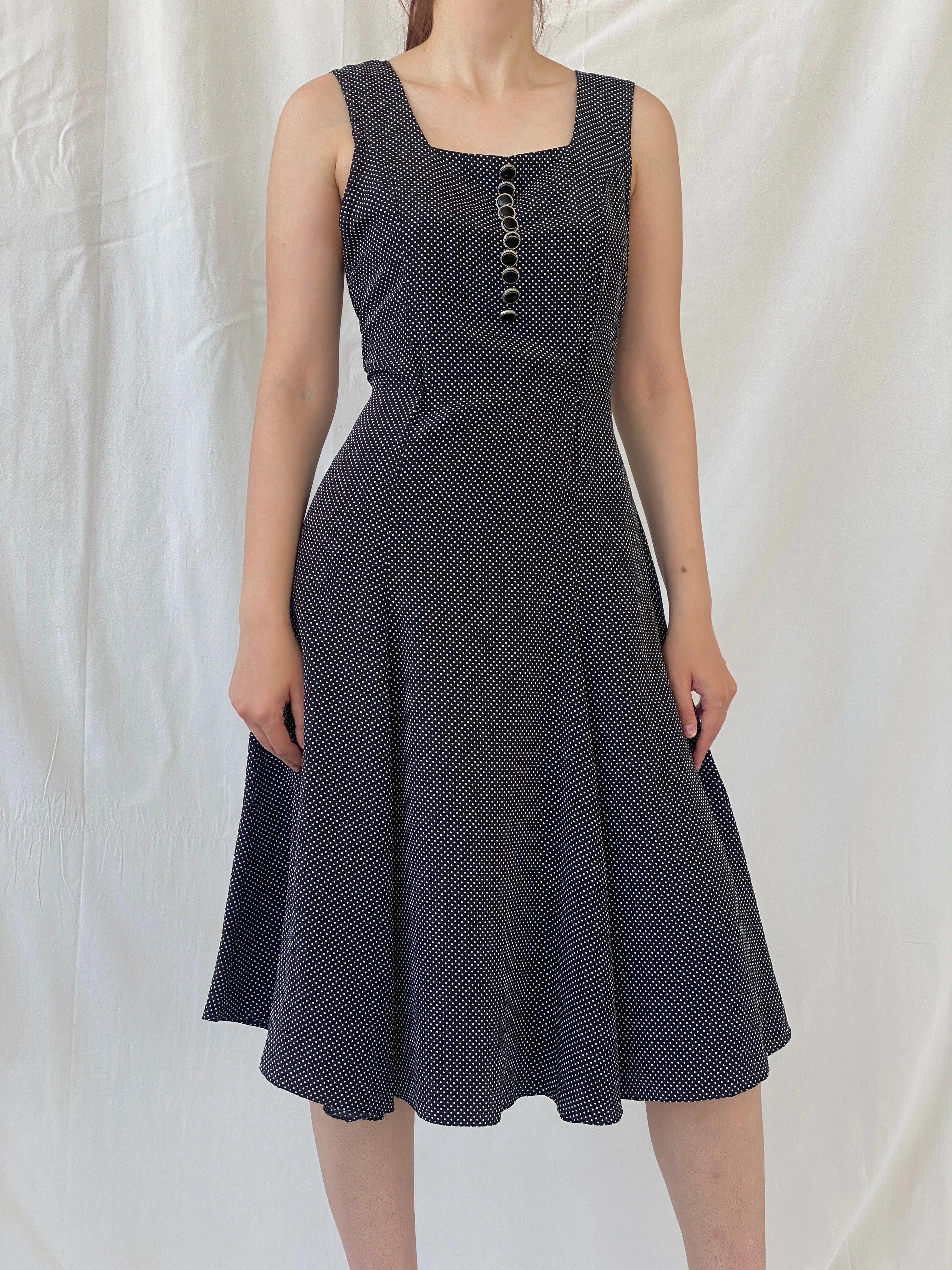 Vintage Handmade Black and White Polka Dots Sleeveless Midi Dress - S - Balagan Vintage Midi Dress Ayah, black dress, dress, midi dress, vintage dress