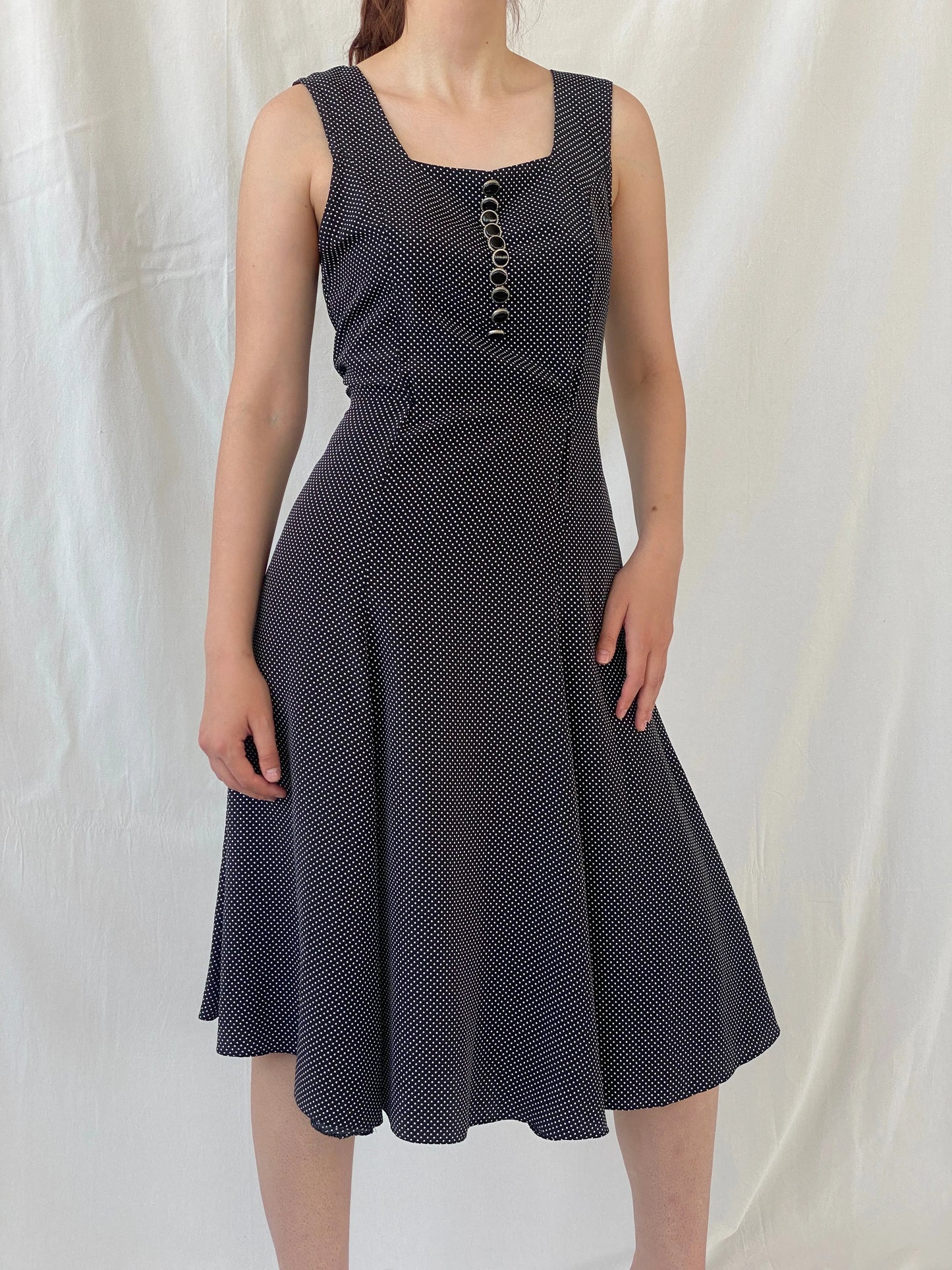 Vintage Handmade Black and White Polka Dots Sleeveless Midi Dress - S - Balagan Vintage Midi Dress Ayah, black dress, dress, midi dress, vintage dress