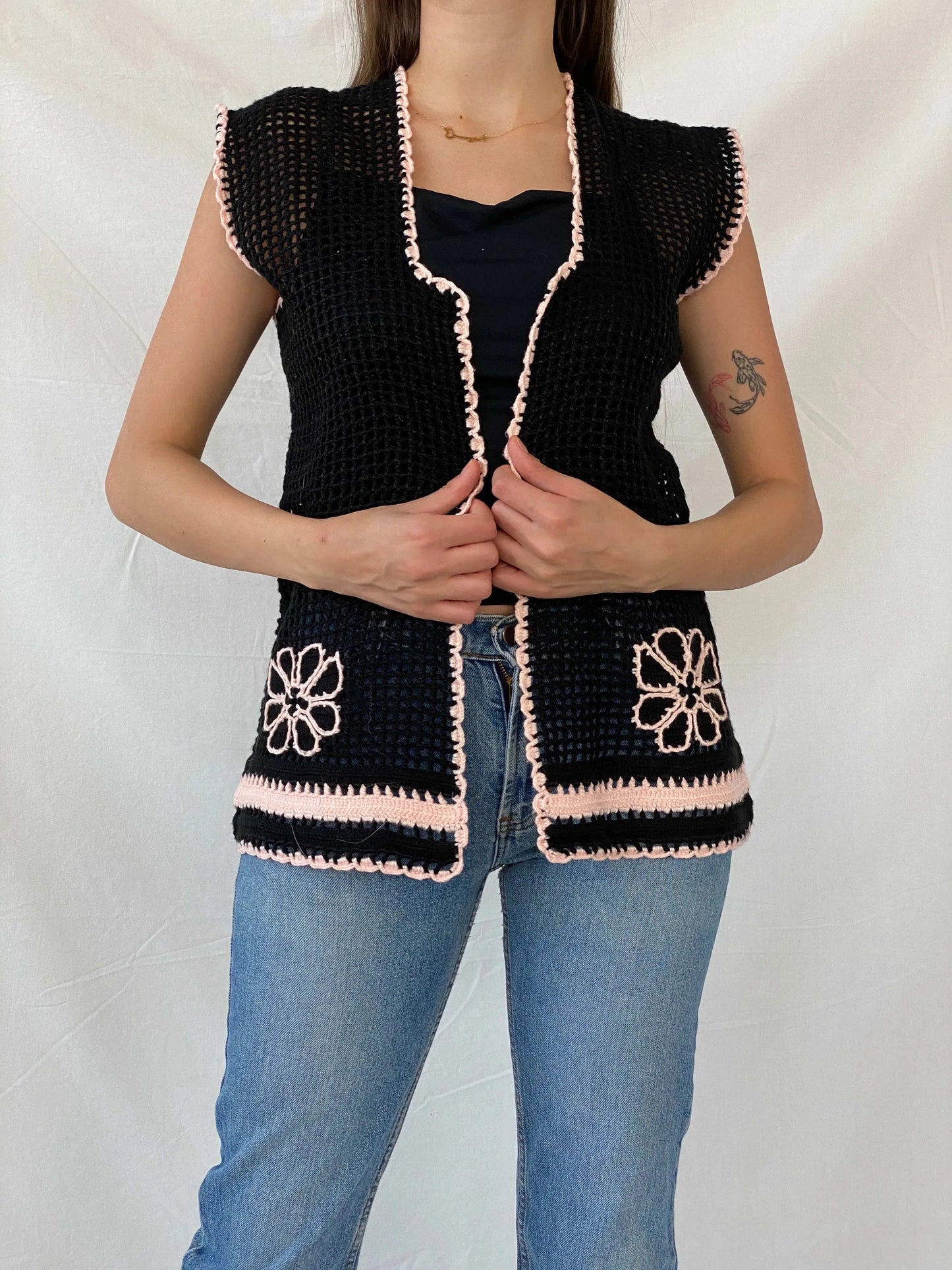 Vintage Handmade Black Knitted Crochet Vest with Pink Details - L - Balagan Vintage Vest 00s, crochet, Mira, vest, winter, women top