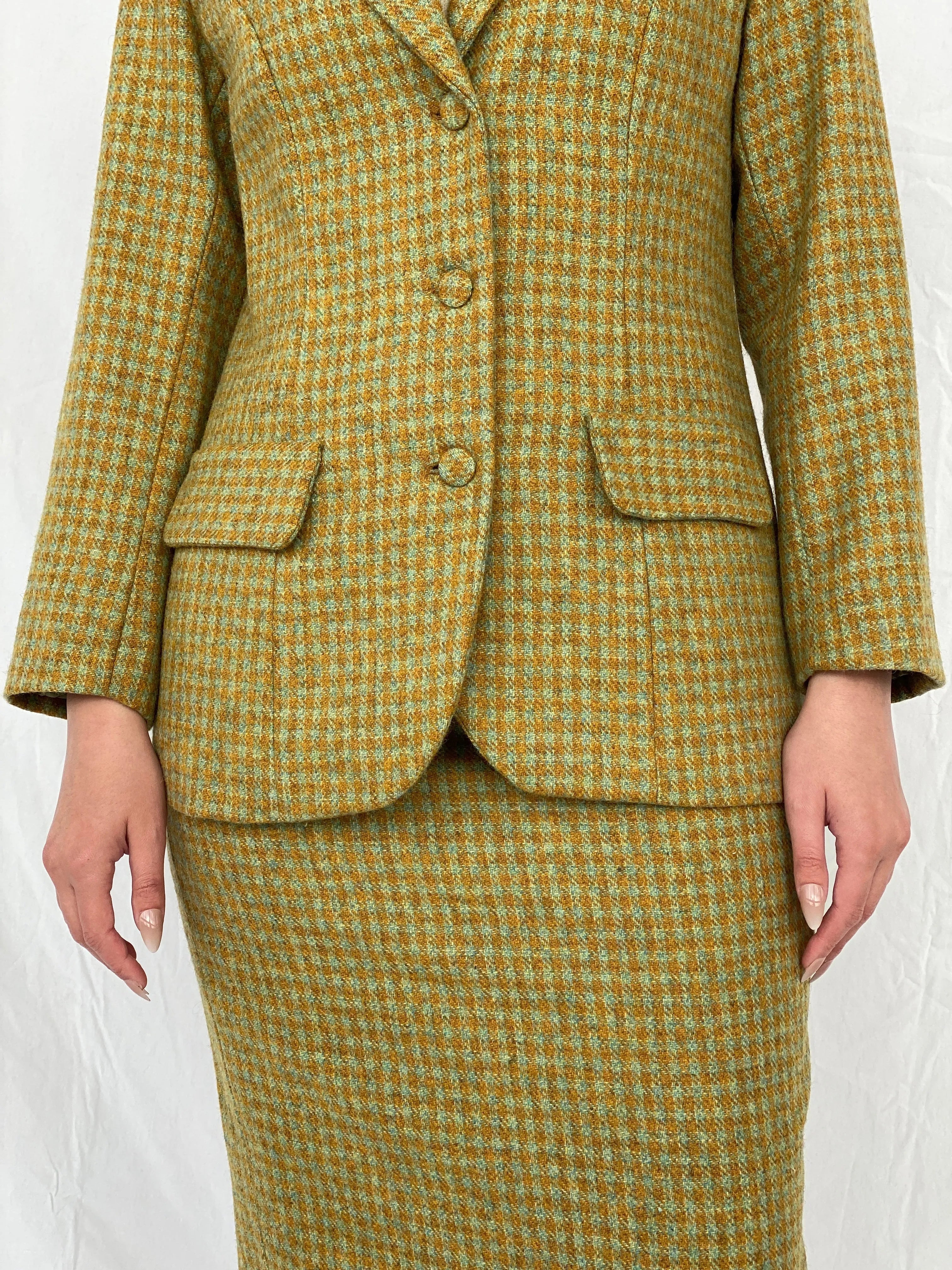 Vintage Handmade Checkered Yellow & Green Wool Blend Blazer Skirt Set - M - Balagan Vintage Midi Dress Ayah, blazer, dress, half sleeve blazer, midi dress, plaid, plaid blazer, tweed blazer