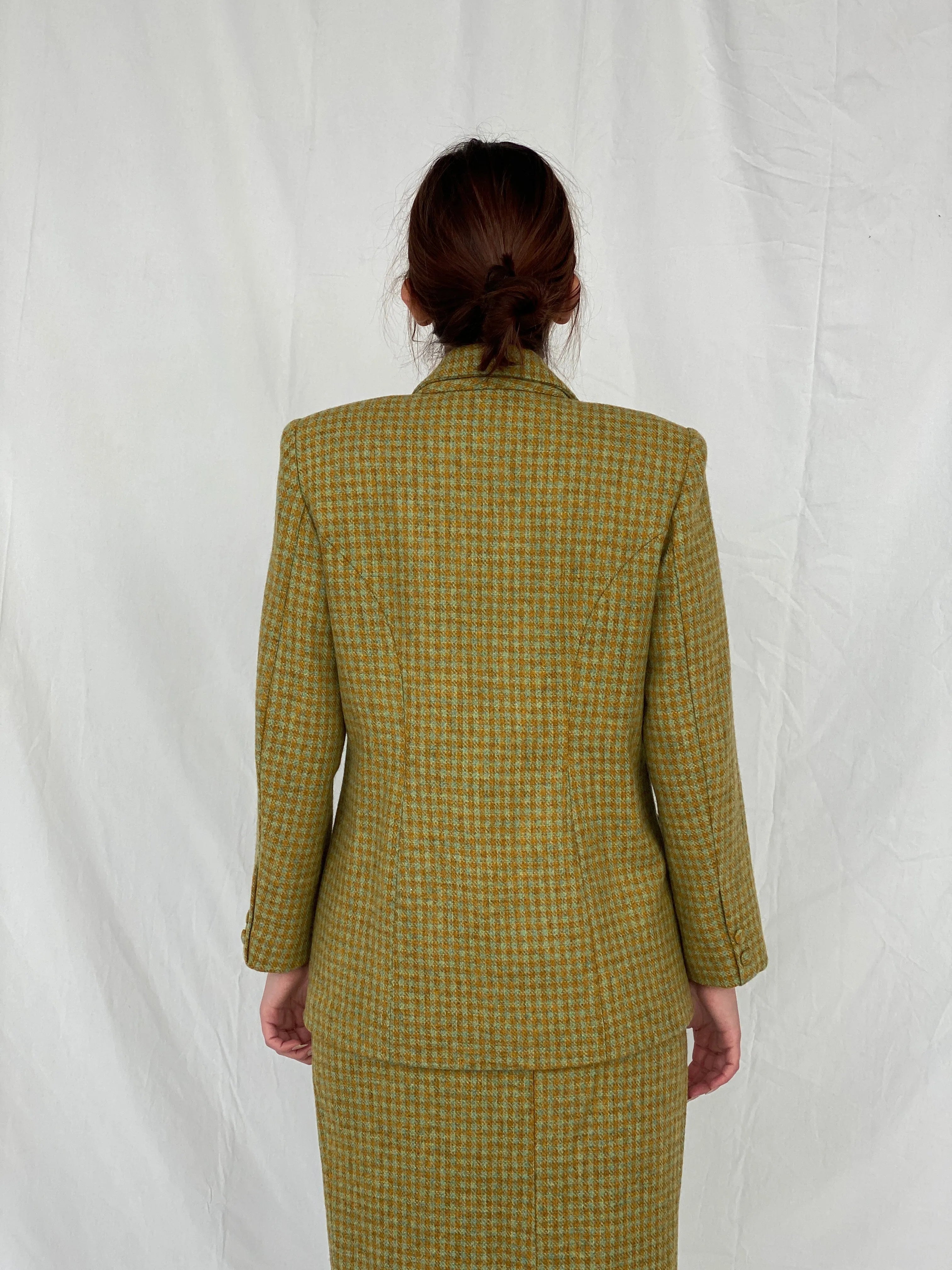 Vintage Handmade Checkered Yellow & Green Wool Blend Blazer Skirt Set - M - Balagan Vintage Midi Dress Ayah, blazer, dress, half sleeve blazer, midi dress, plaid, plaid blazer, tweed blazer
