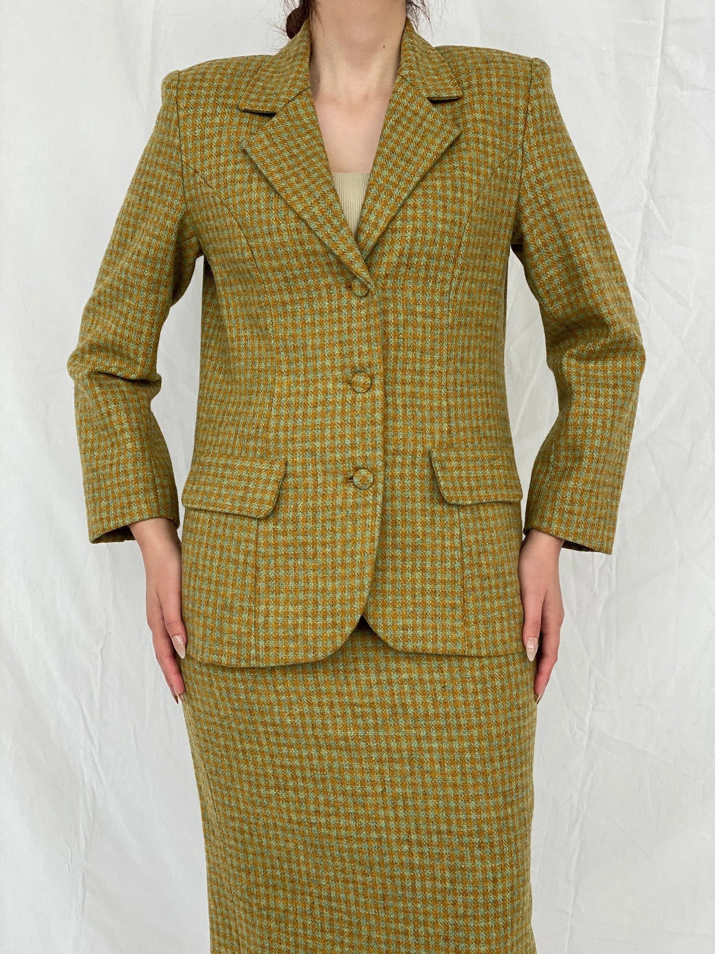 Vintage Handmade Checkered Yellow & Green Wool Blend Blazer Skirt Set - M - Balagan Vintage Midi Dress Ayah, blazer, dress, half sleeve blazer, midi dress, plaid, plaid blazer, tweed blazer