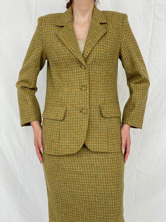 Vintage Handmade Checkered Yellow & Green Wool Blend Blazer Skirt Set - M - Balagan Vintage Midi Dress Ayah, blazer, dress, half sleeve blazer, midi dress, plaid, plaid blazer, tweed blazer