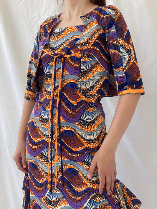 Vintage Handmade Ethnic African Print Purple Orange Midi Sleeveless Dress with Matching Bolero - S - Balagan Vintage Midi Dress 90s, Afro print, Ayah, dress, midi dress, vintage dress