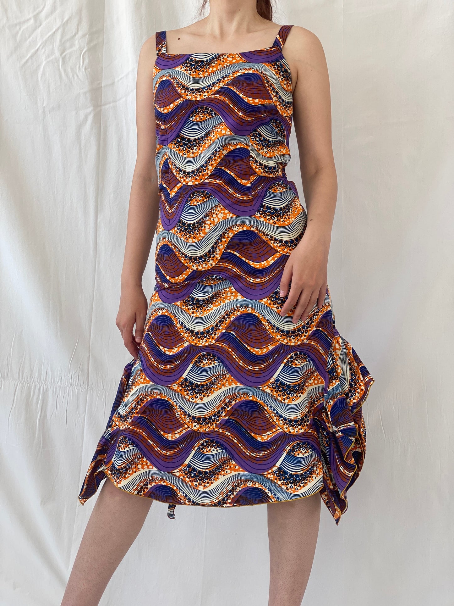 Vintage Handmade Ethnic African Print Purple Orange Midi Sleeveless Dress with Matching Bolero - S - Balagan Vintage Midi Dress 90s, Afro print, Ayah, dress, midi dress, vintage dress
