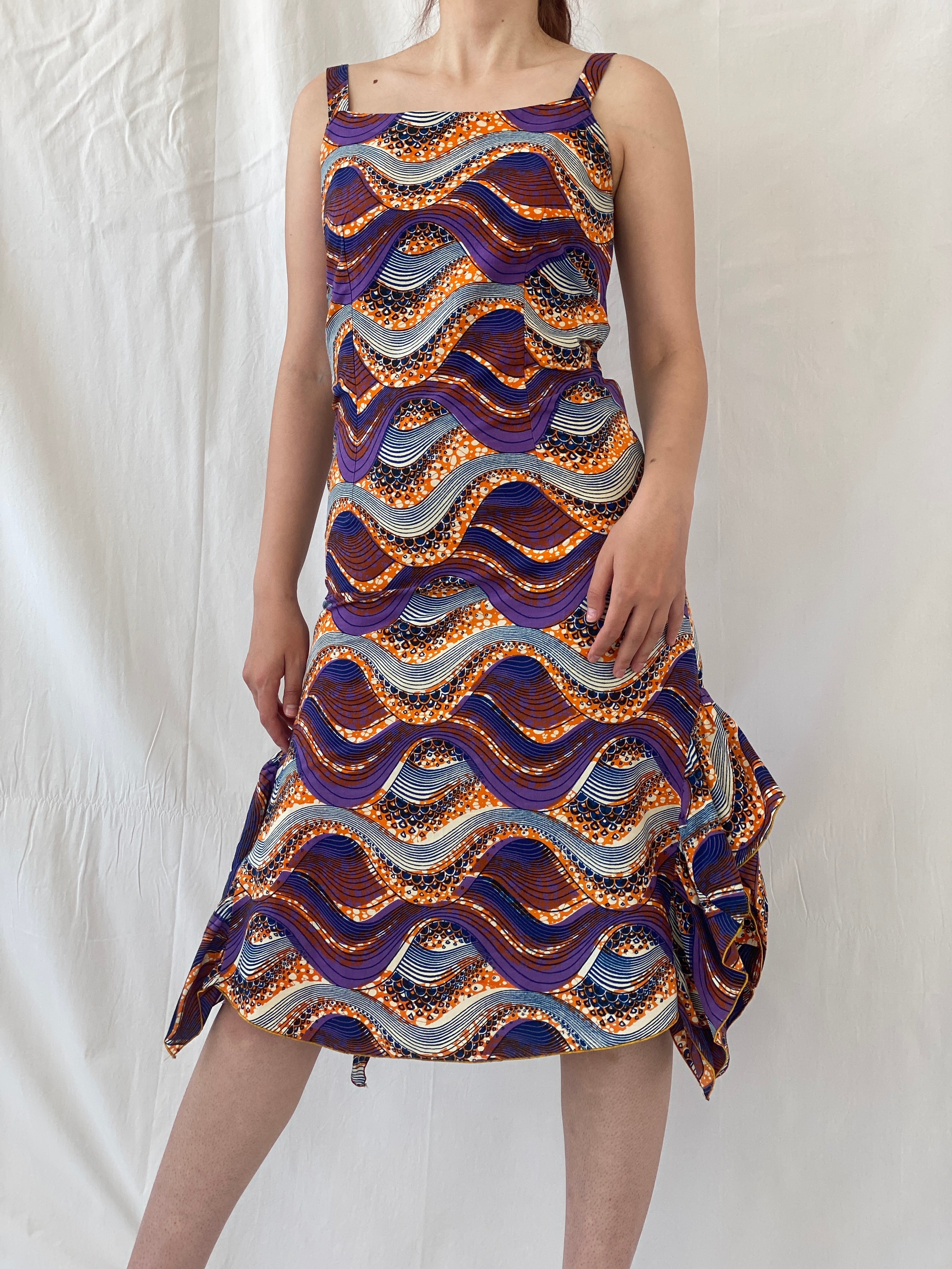 Vintage Handmade Ethnic African Print Purple Orange Midi Sleeveless Dress with Matching Bolero - S - Balagan Vintage Midi Dress 90s, Afro print, Ayah, dress, midi dress, vintage dress