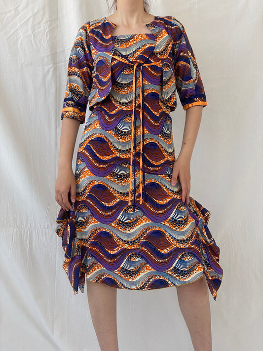 Vintage Handmade Ethnic African Print Purple Orange Midi Sleeveless Dress with Matching Bolero - S - Balagan Vintage Midi Dress 90s, Afro print, Ayah, dress, midi dress, vintage dress