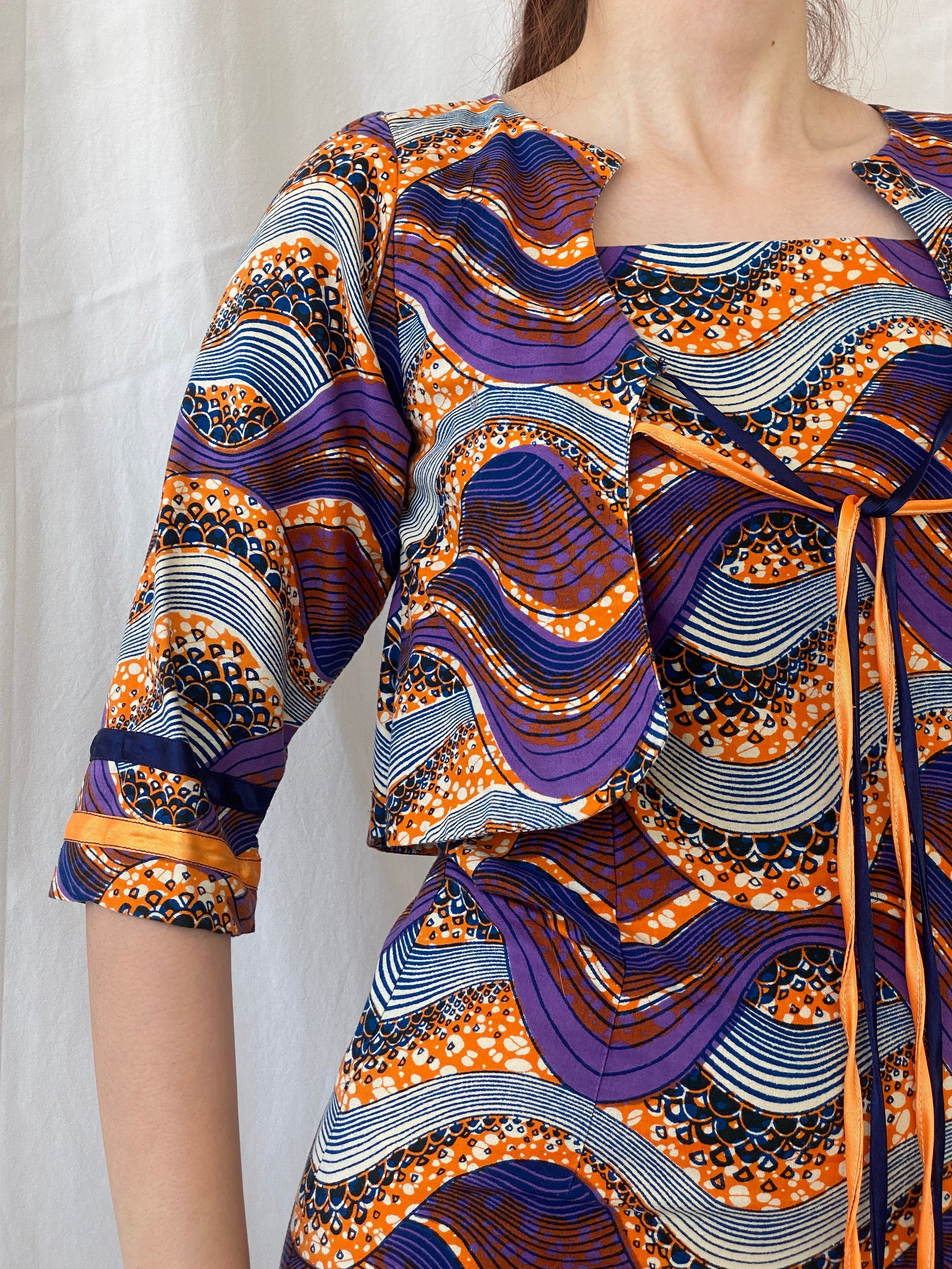 Vintage Handmade Ethnic African Print Purple Orange Midi Sleeveless Dress with Matching Bolero - S - Balagan Vintage Midi Dress 90s, Afro print, Ayah, dress, midi dress, vintage dress