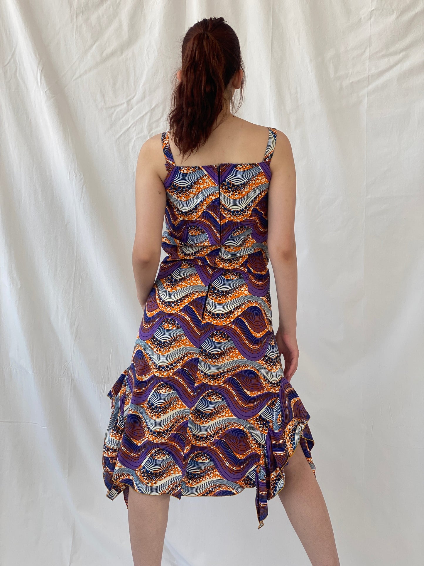 Vintage Handmade Ethnic African Print Purple Orange Midi Sleeveless Dress with Matching Bolero - S - Balagan Vintage Midi Dress 90s, Afro print, Ayah, dress, midi dress, vintage dress