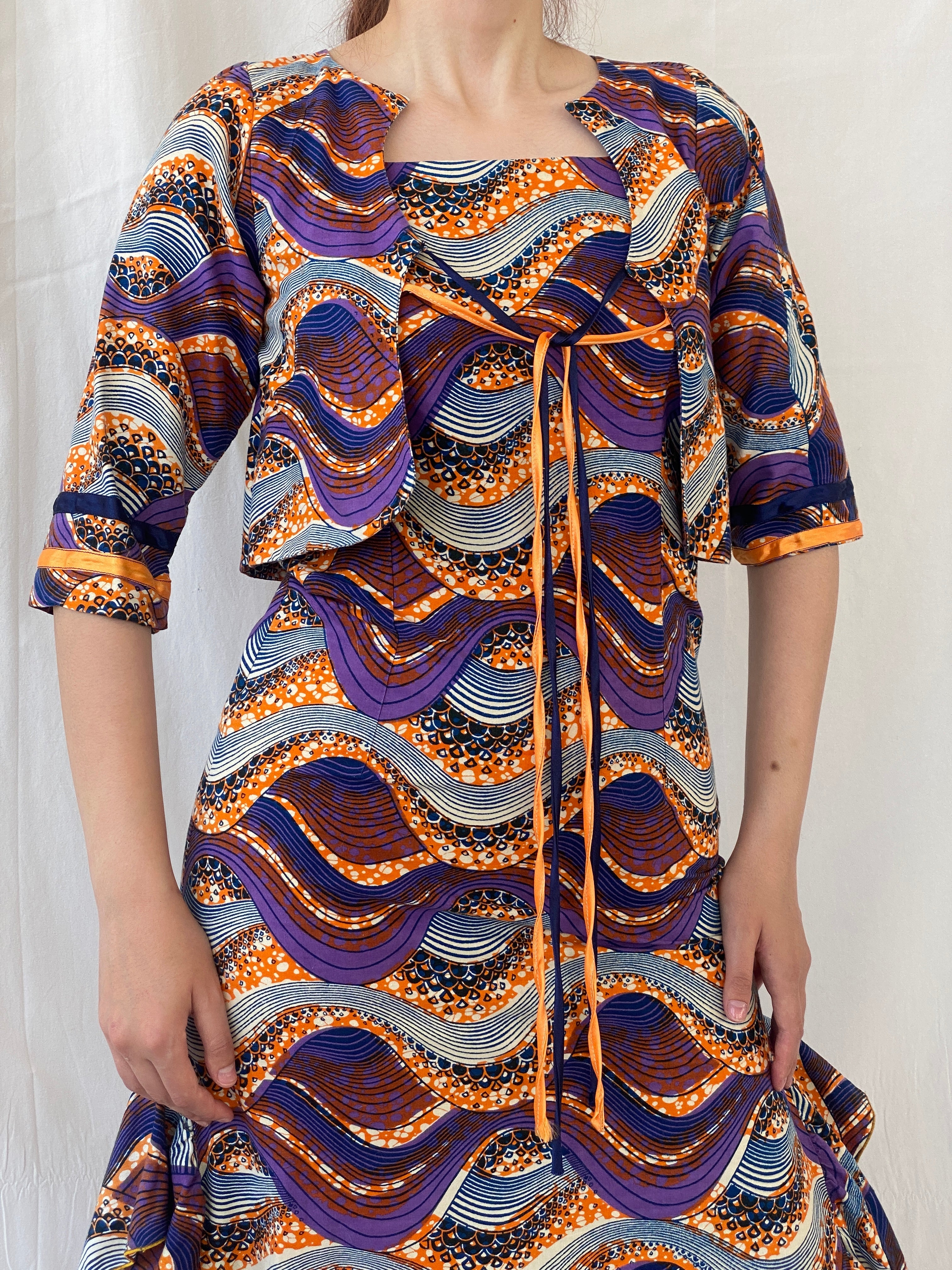Vintage Handmade Ethnic African Print Purple Orange Midi Sleeveless Dress with Matching Bolero - S - Balagan Vintage Midi Dress 90s, Afro print, Ayah, dress, midi dress, vintage dress