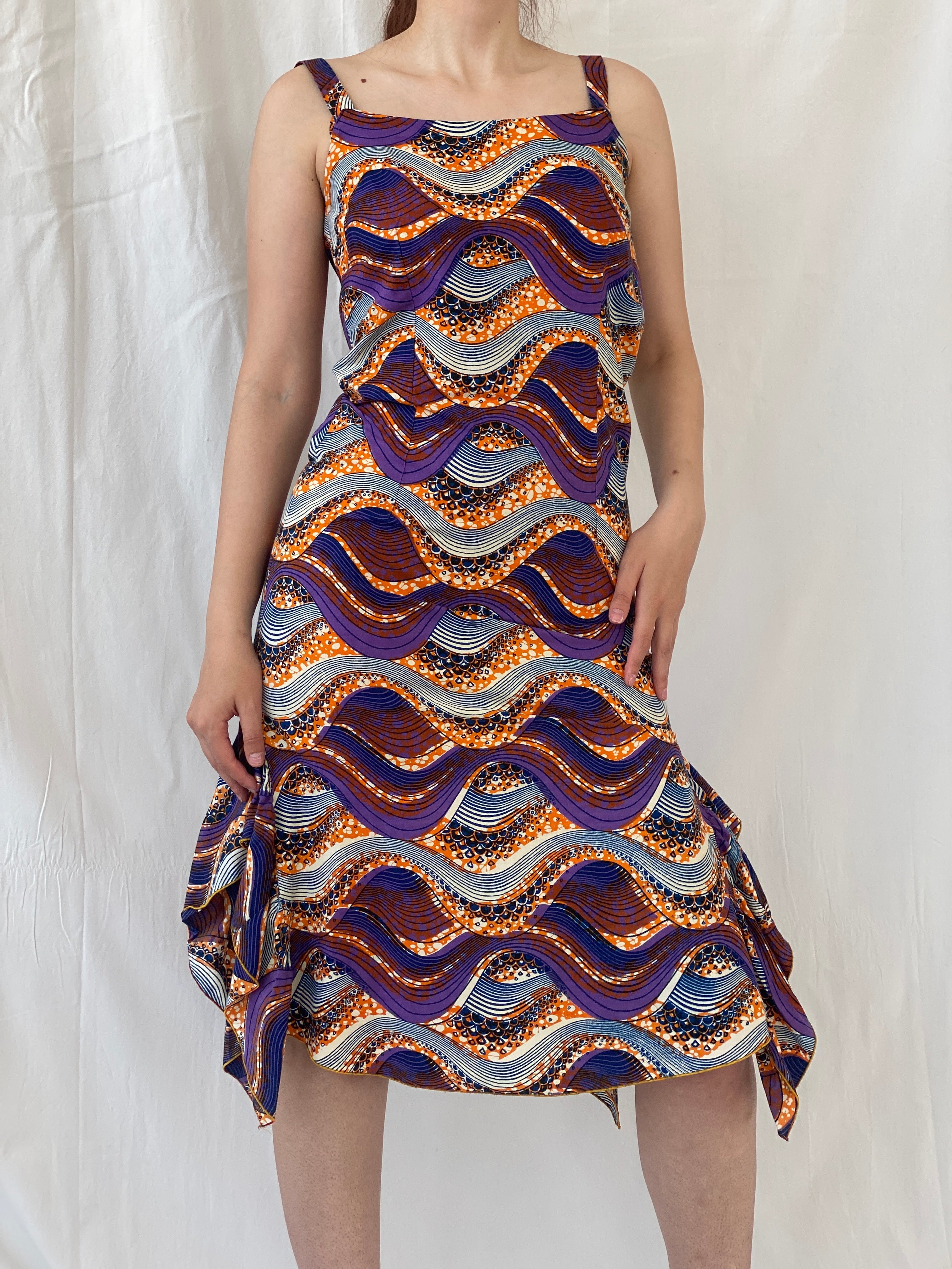 Vintage Handmade Ethnic African Print Purple Orange Midi Sleeveless Dress with Matching Bolero - S - Balagan Vintage Midi Dress 90s, Afro print, Ayah, dress, midi dress, vintage dress
