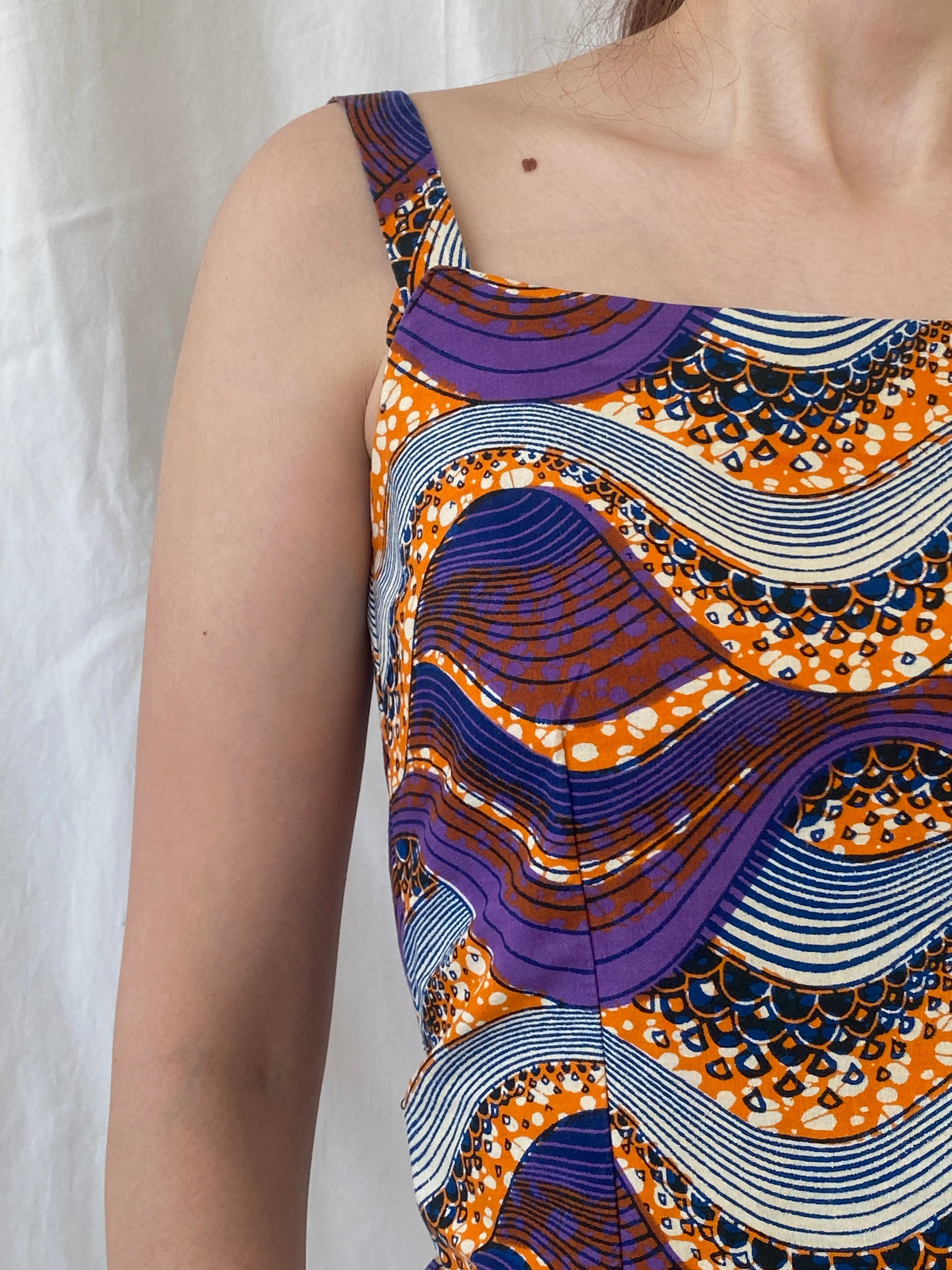 Vintage Handmade Ethnic African Print Purple Orange Midi Sleeveless Dress with Matching Bolero - S - Balagan Vintage Midi Dress 90s, Afro print, Ayah, dress, midi dress, vintage dress