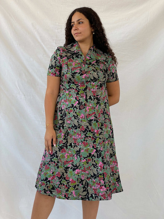 Vintage Handmade Floral Picnic Black and Green Midi Dress - L - Balagan Vintage Midi Dress 00s, 00s dress, 90s, Deals, Dina, dress, floral, floral dress, midi dress, summer dress