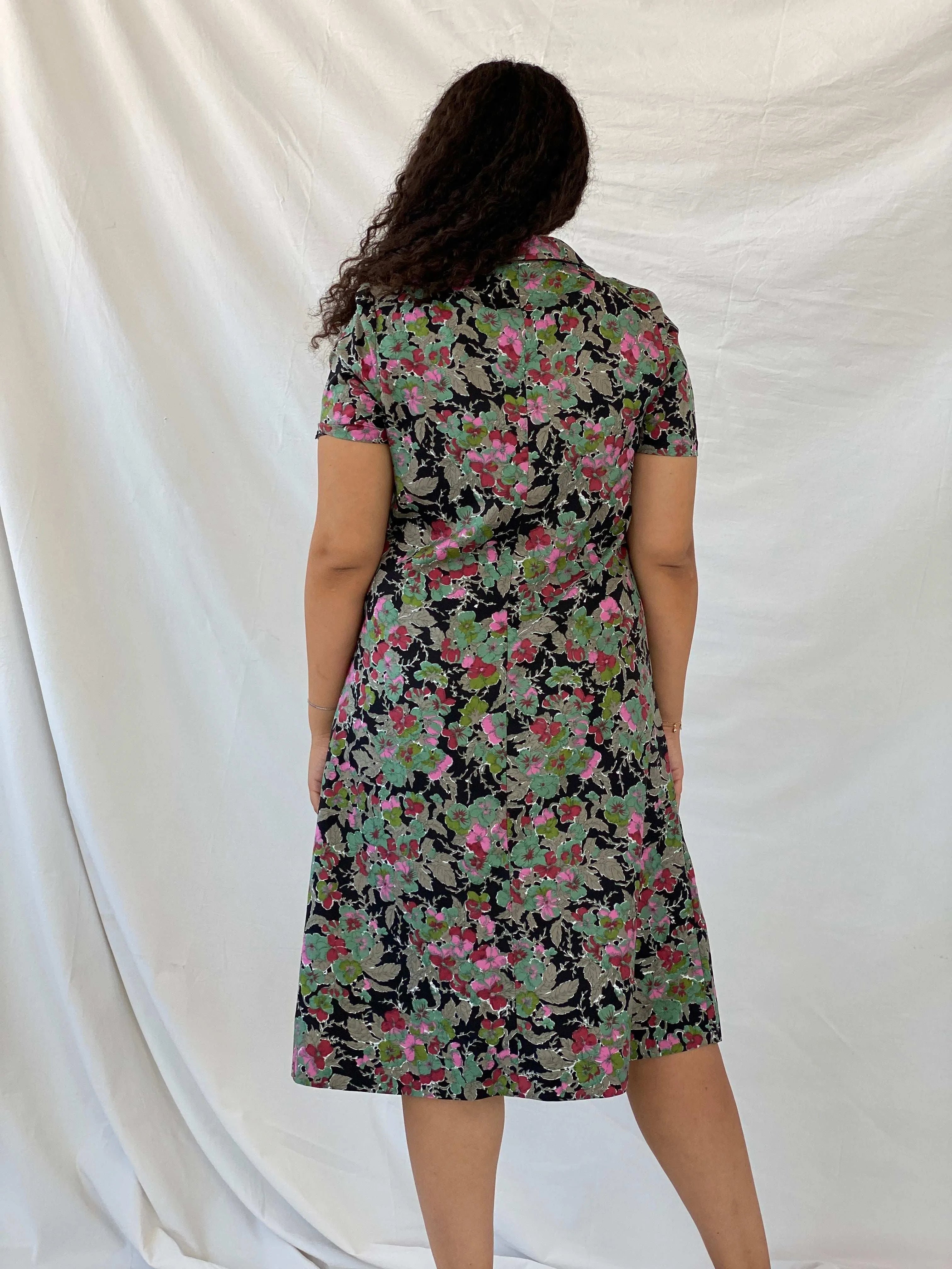 Vintage Handmade Floral Picnic Black and Green Midi Dress - L - Balagan Vintage Midi Dress 00s, 00s dress, 90s, Deals, Dina, dress, floral, floral dress, midi dress, summer dress