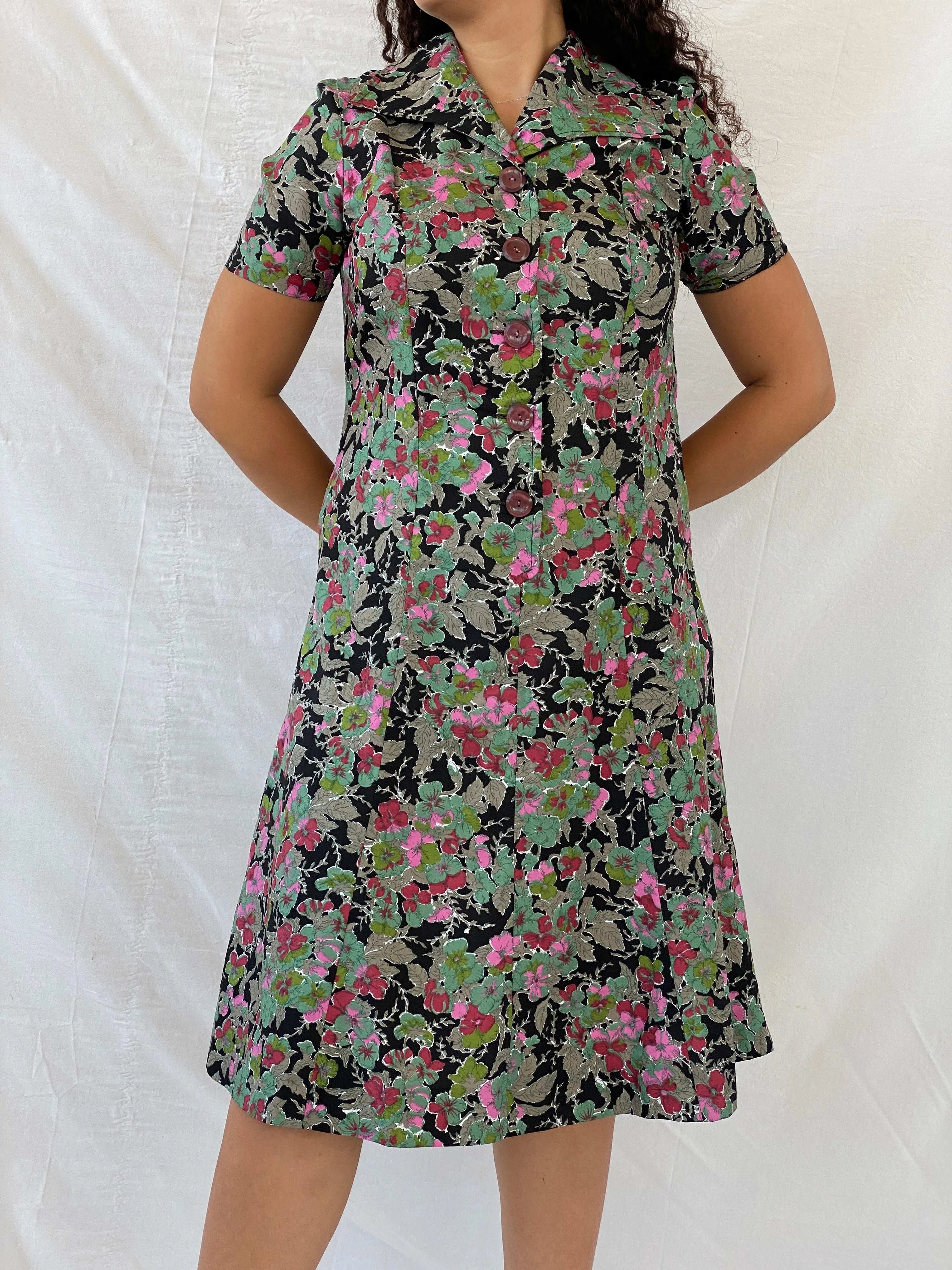 Vintage Handmade Floral Picnic Black and Green Midi Dress - L - Balagan Vintage Midi Dress 00s, 00s dress, 90s, Deals, Dina, dress, floral, floral dress, midi dress, summer dress
