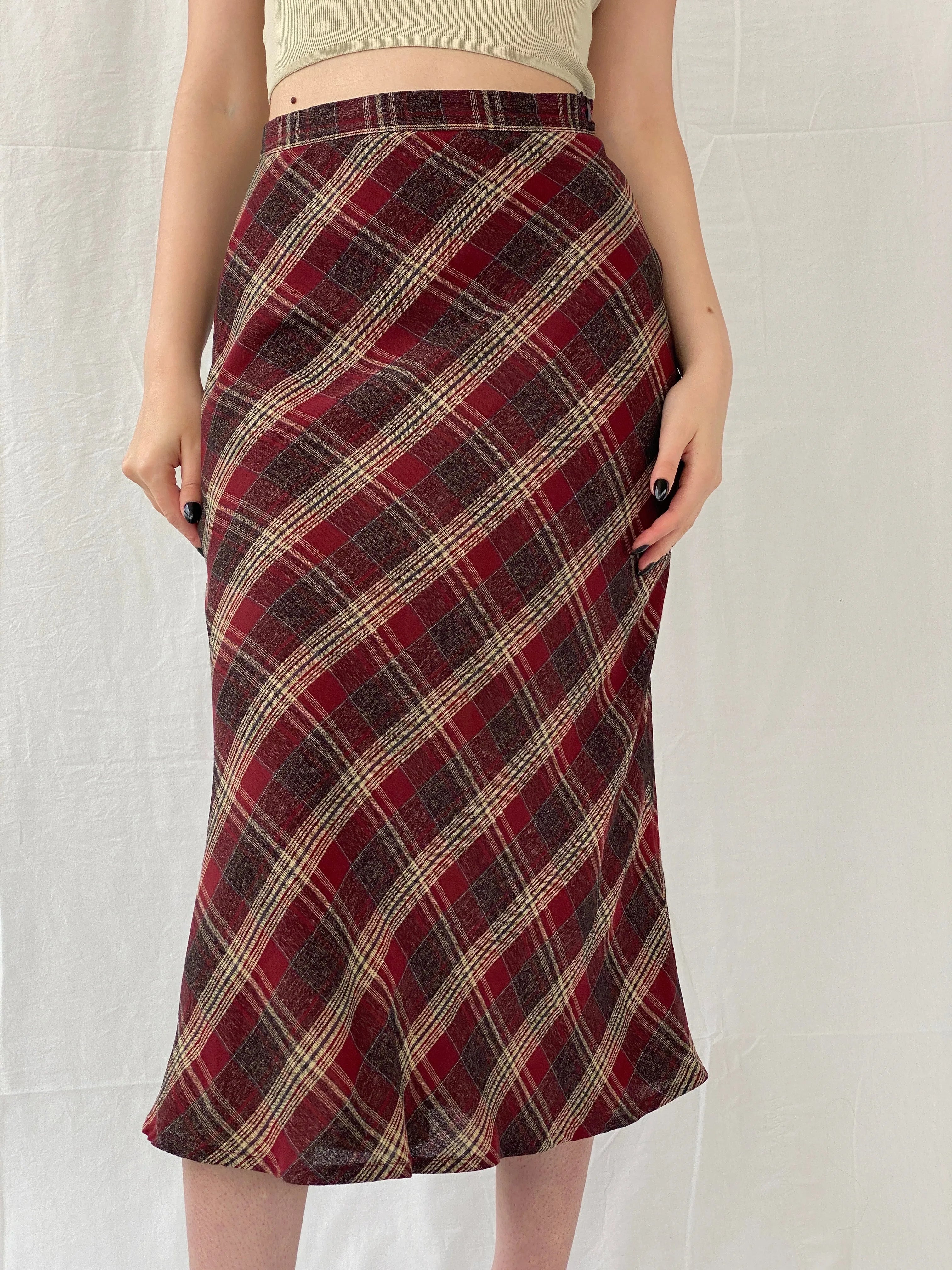 Vintage Handmade Maroon Plaid Flannel Tartan Midi Skirt - M - Balagan Vintage Midi Skirt Ayah, midi skirt, plaid, plaid skirt, striped, winter
