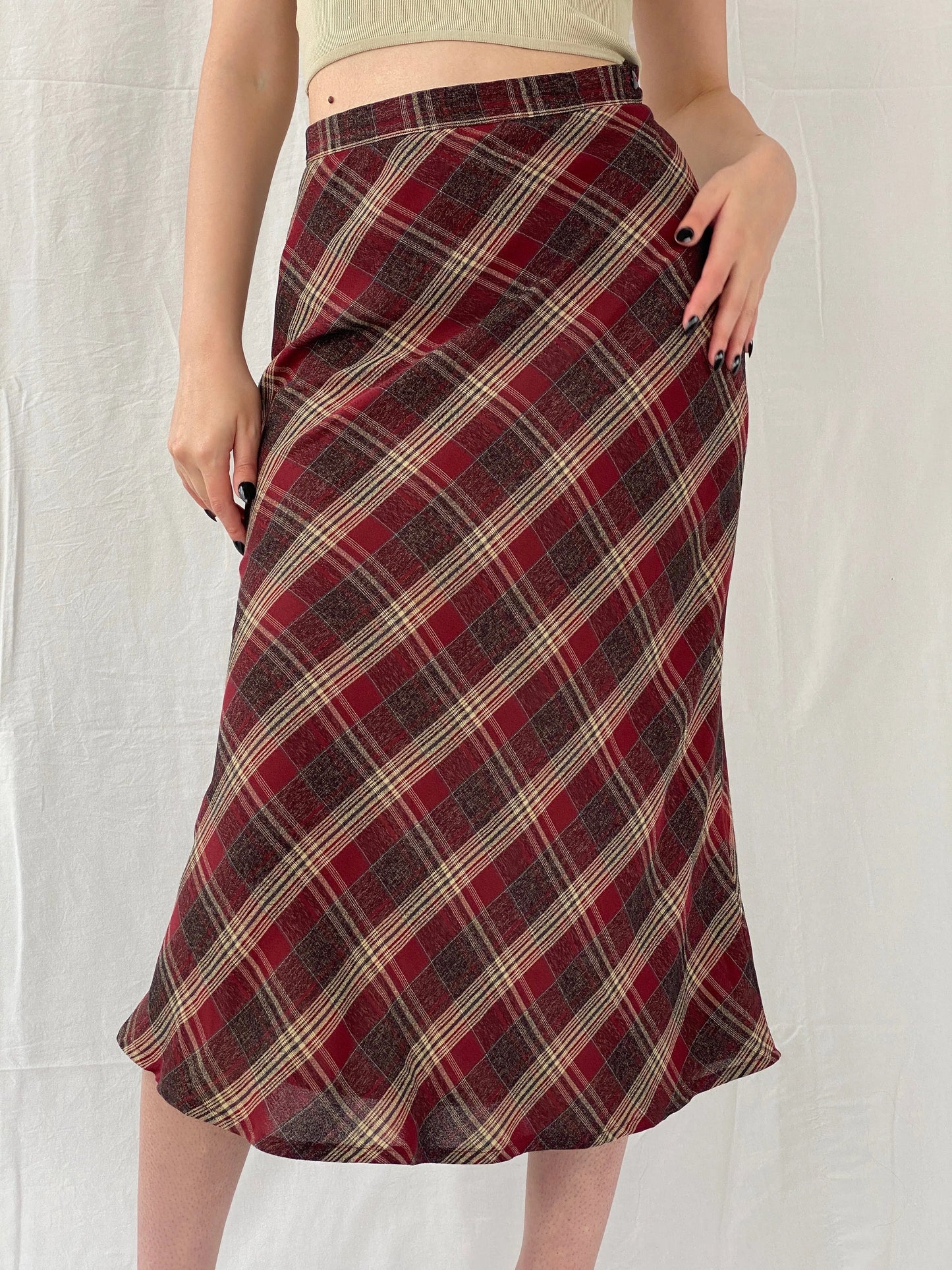 Vintage Handmade Maroon Plaid Flannel Tartan Midi Skirt - M - Balagan Vintage Midi Skirt Ayah, midi skirt, plaid, plaid skirt, striped, winter