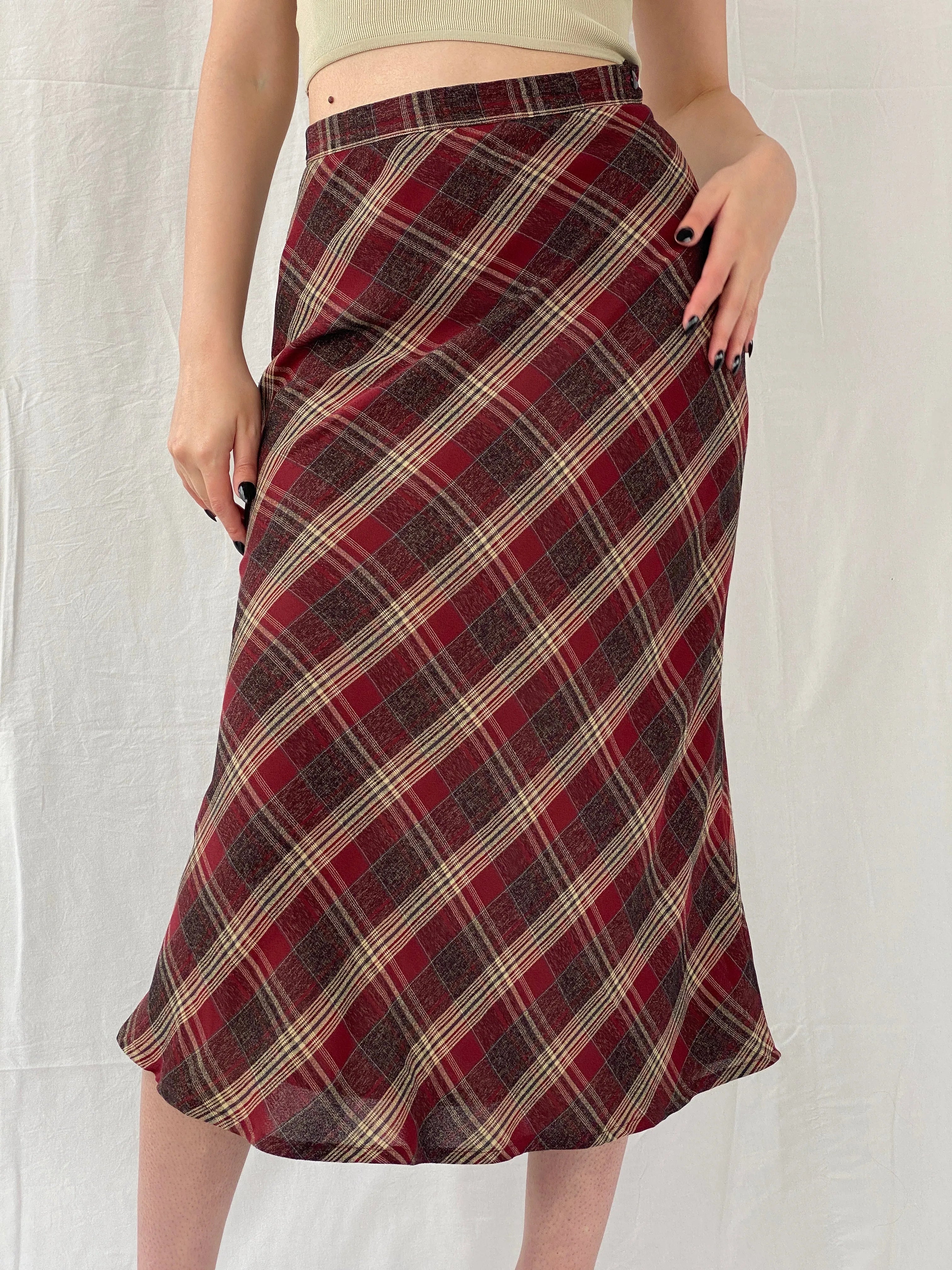 Vintage Handmade Maroon Plaid Flannel Tartan Midi Skirt - M - Balagan Vintage Midi Skirt Ayah, midi skirt, plaid, plaid skirt, striped, winter