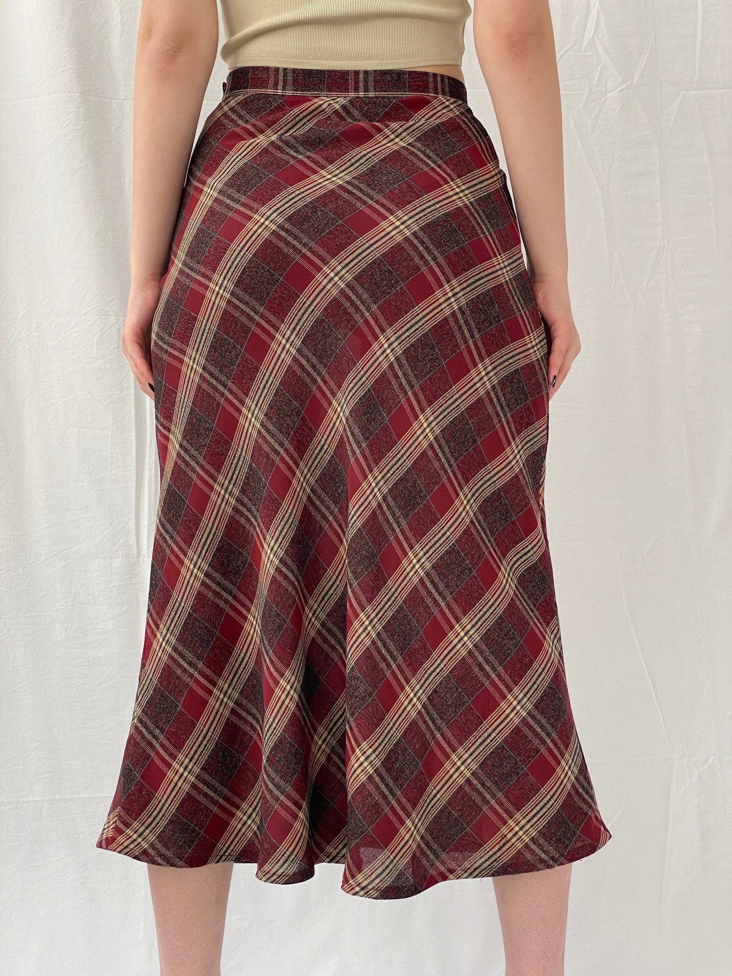 Vintage Handmade Maroon Plaid Flannel Tartan Midi Skirt - M - Balagan Vintage Midi Skirt Ayah, midi skirt, plaid, plaid skirt, striped, winter