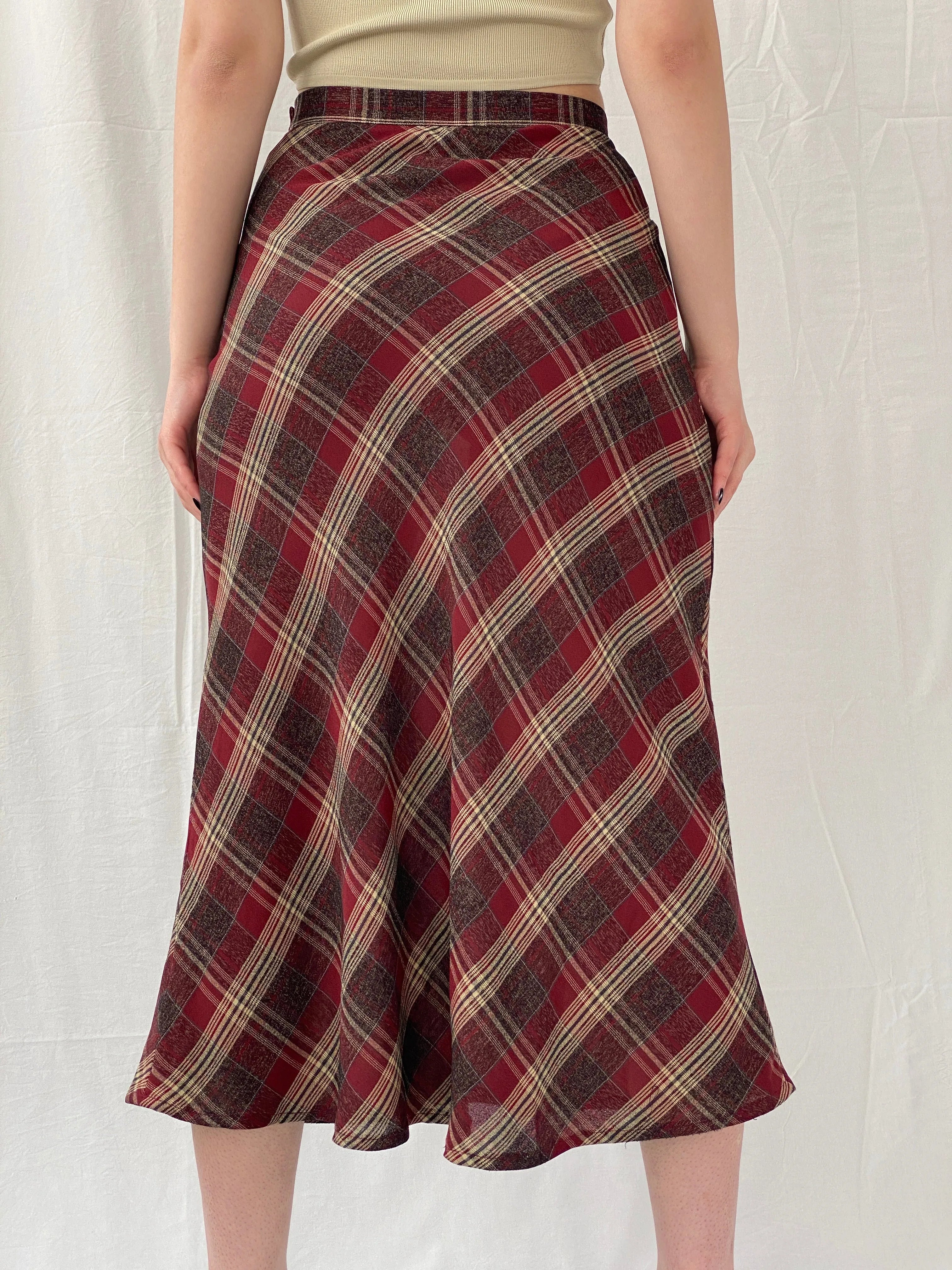 Vintage Handmade Maroon Plaid Flannel Tartan Midi Skirt - M - Balagan Vintage Midi Skirt Ayah, midi skirt, plaid, plaid skirt, striped, winter