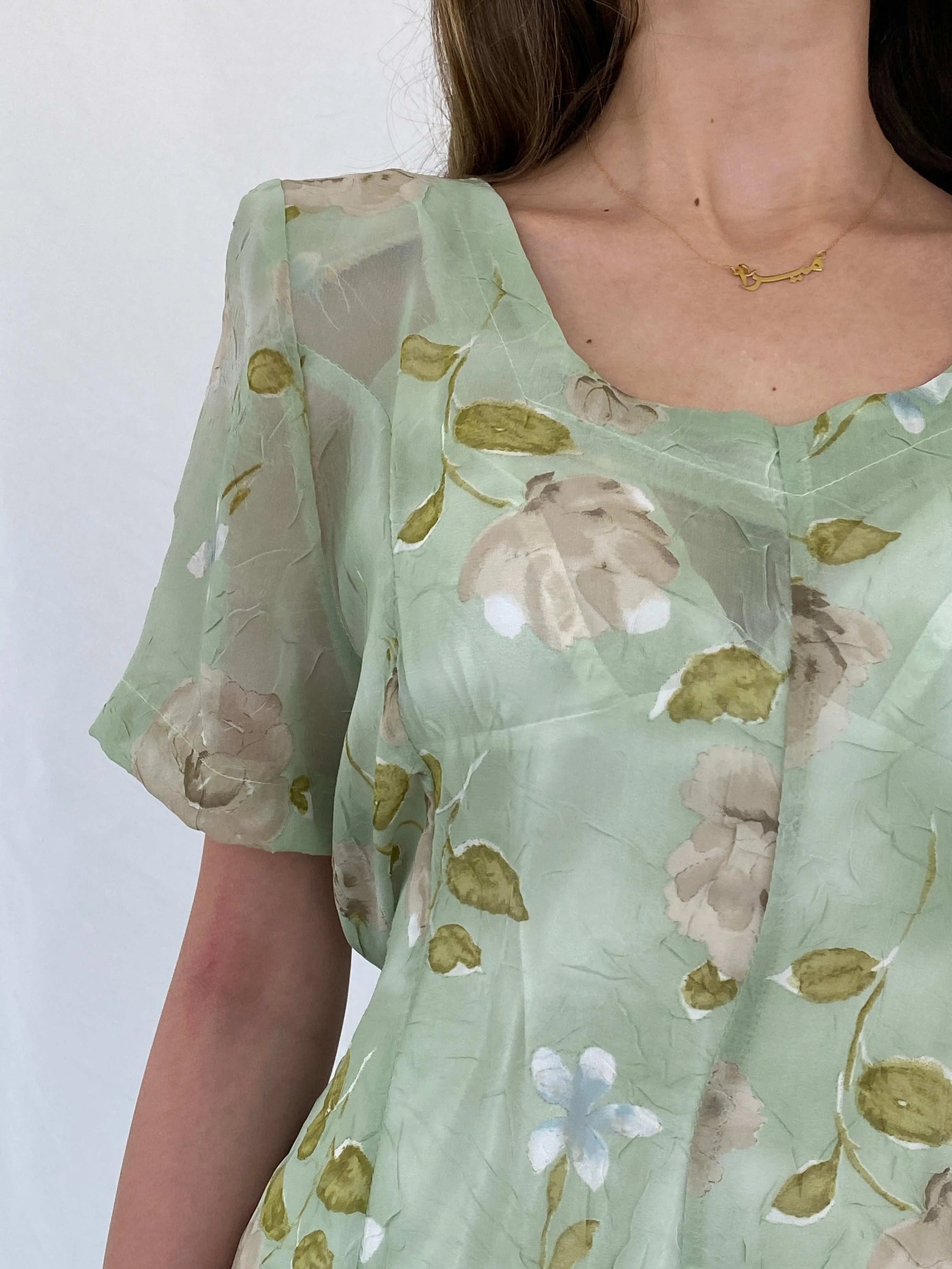 Vintage Handmade Mint Green Sheer Floral Print Maxi Dress - M - Balagan Vintage Maxi Dress 00s, 90s, maxi dress, Mira, sheer