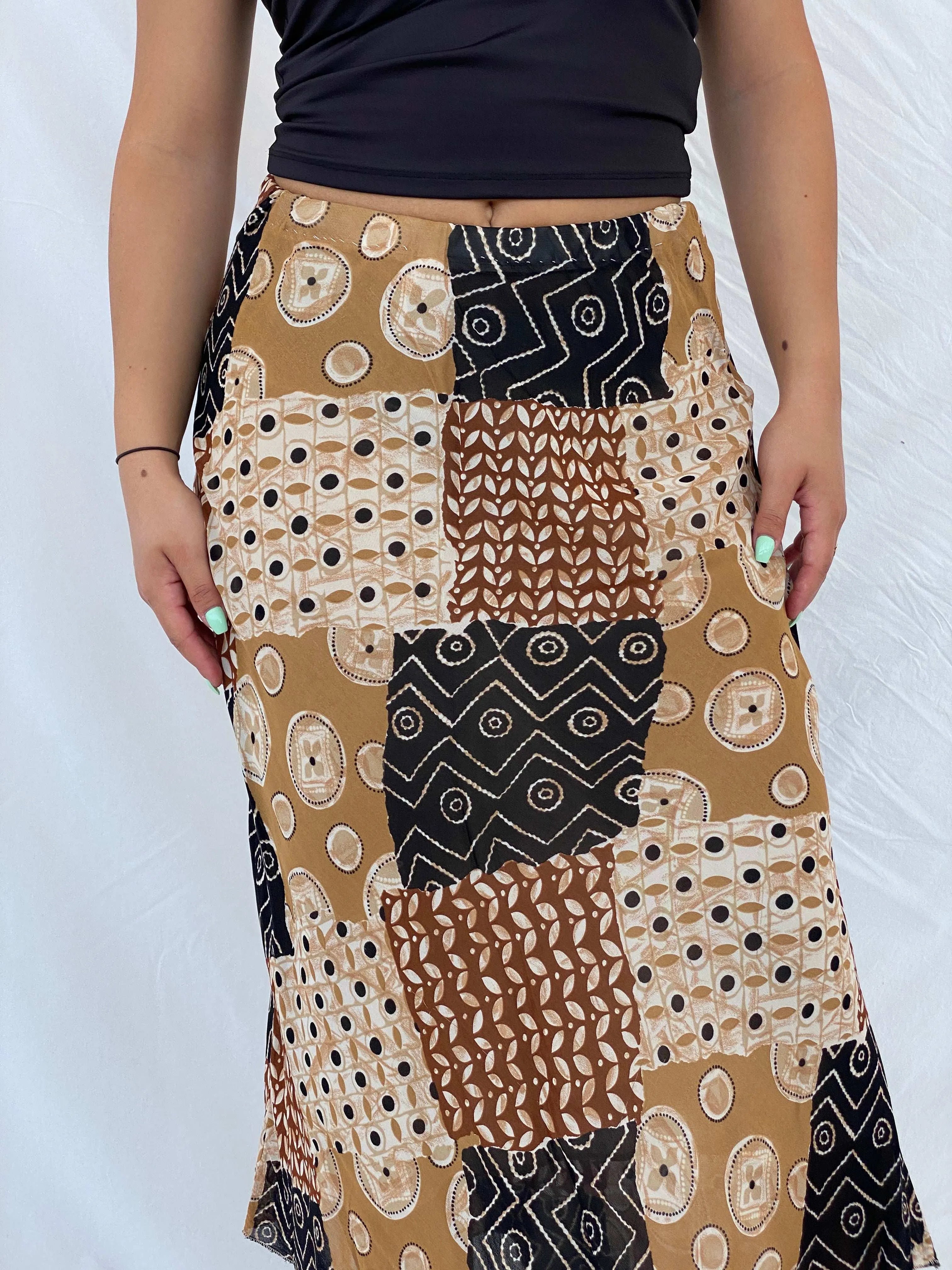 Vintage Handmade Patchwork Boho Brown Midi Elastic Waist Skirt - M - Balagan Vintage Midi Skirt 00s, Boho, floral, floral print, Lana, midi skirt, patchwork, summer