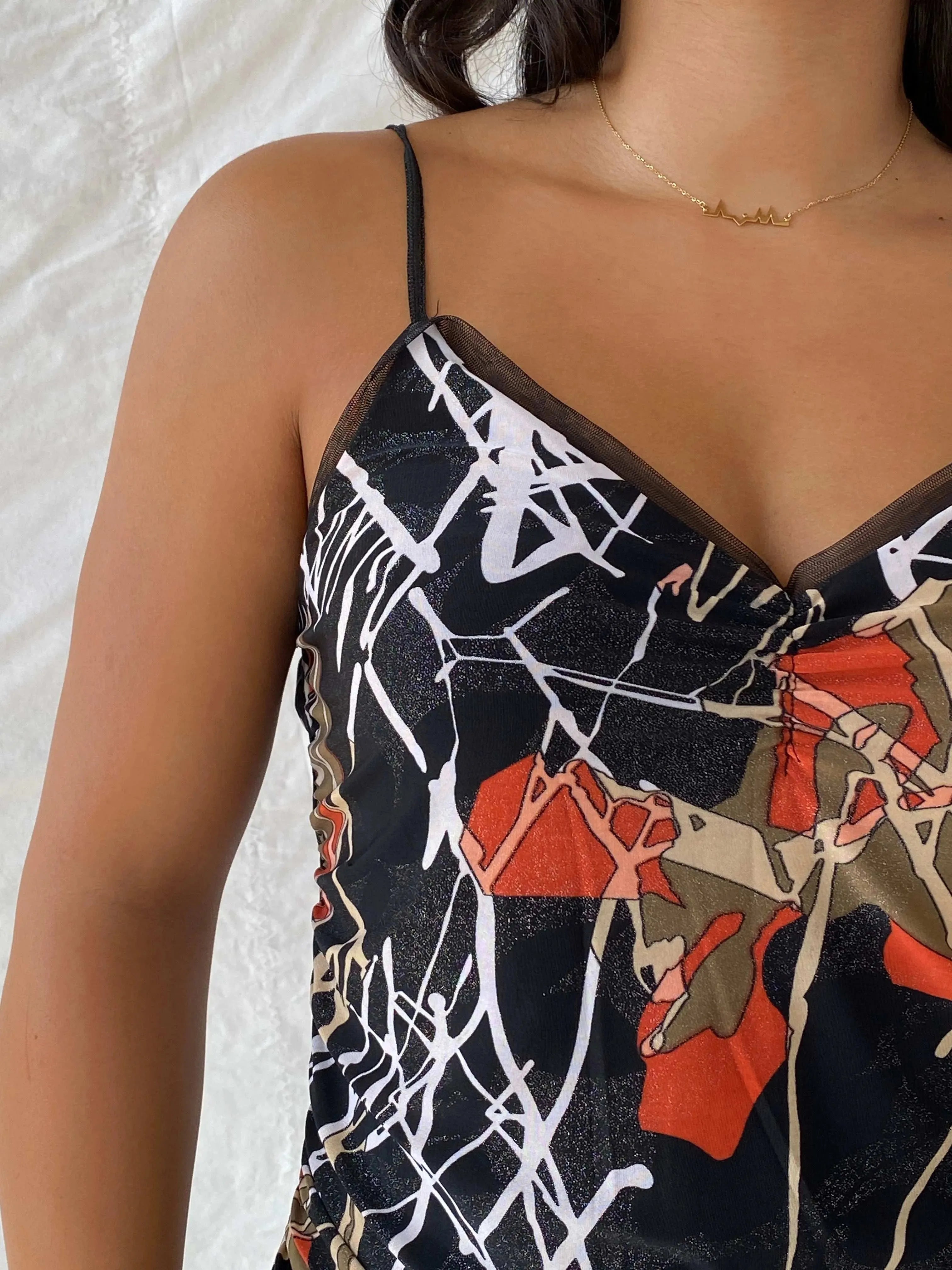 Vintage Handmade Shimmery Black Abstract Line Print Midi Dress - L - Balagan Vintage Midi Dress 00s, 90s dress, Deals, dress, Lana, midi dress, spaghetti strap dress, summer, Wedding Guest, womens