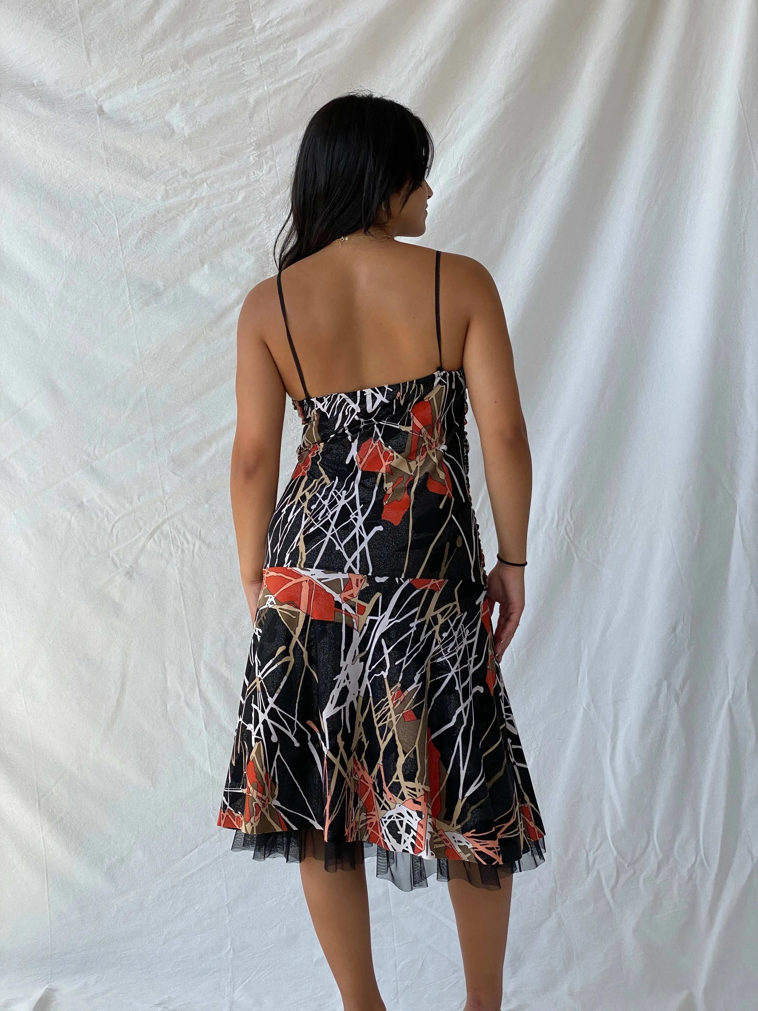 Vintage Handmade Shimmery Black Abstract Line Print Midi Dress - L - Balagan Vintage Midi Dress 00s, 90s dress, Deals, dress, Lana, midi dress, spaghetti strap dress, summer, Wedding Guest, womens