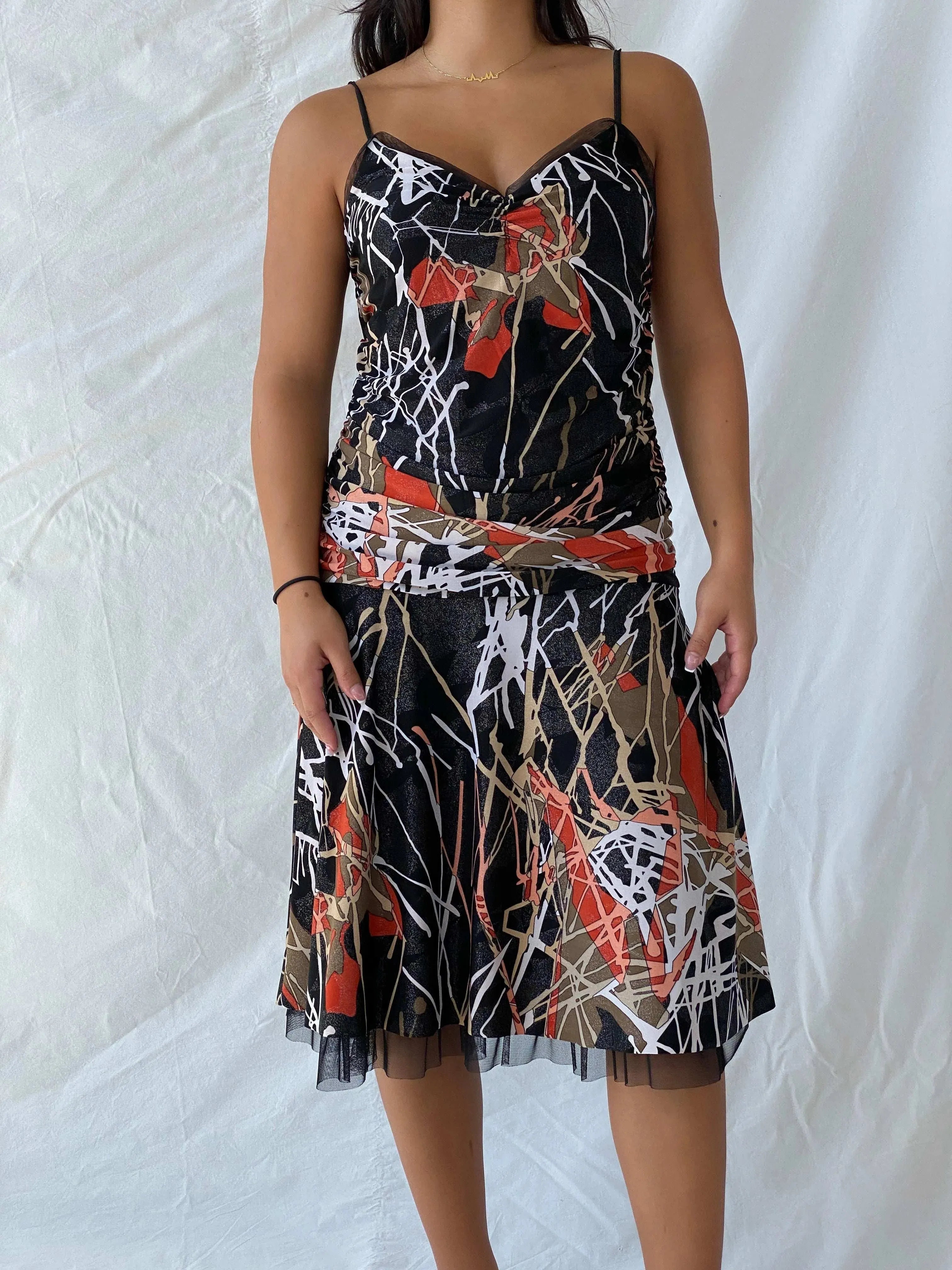 Vintage Handmade Shimmery Black Abstract Line Print Midi Dress - L - Balagan Vintage Midi Dress 00s, 90s dress, Deals, dress, Lana, midi dress, spaghetti strap dress, summer, Wedding Guest, womens