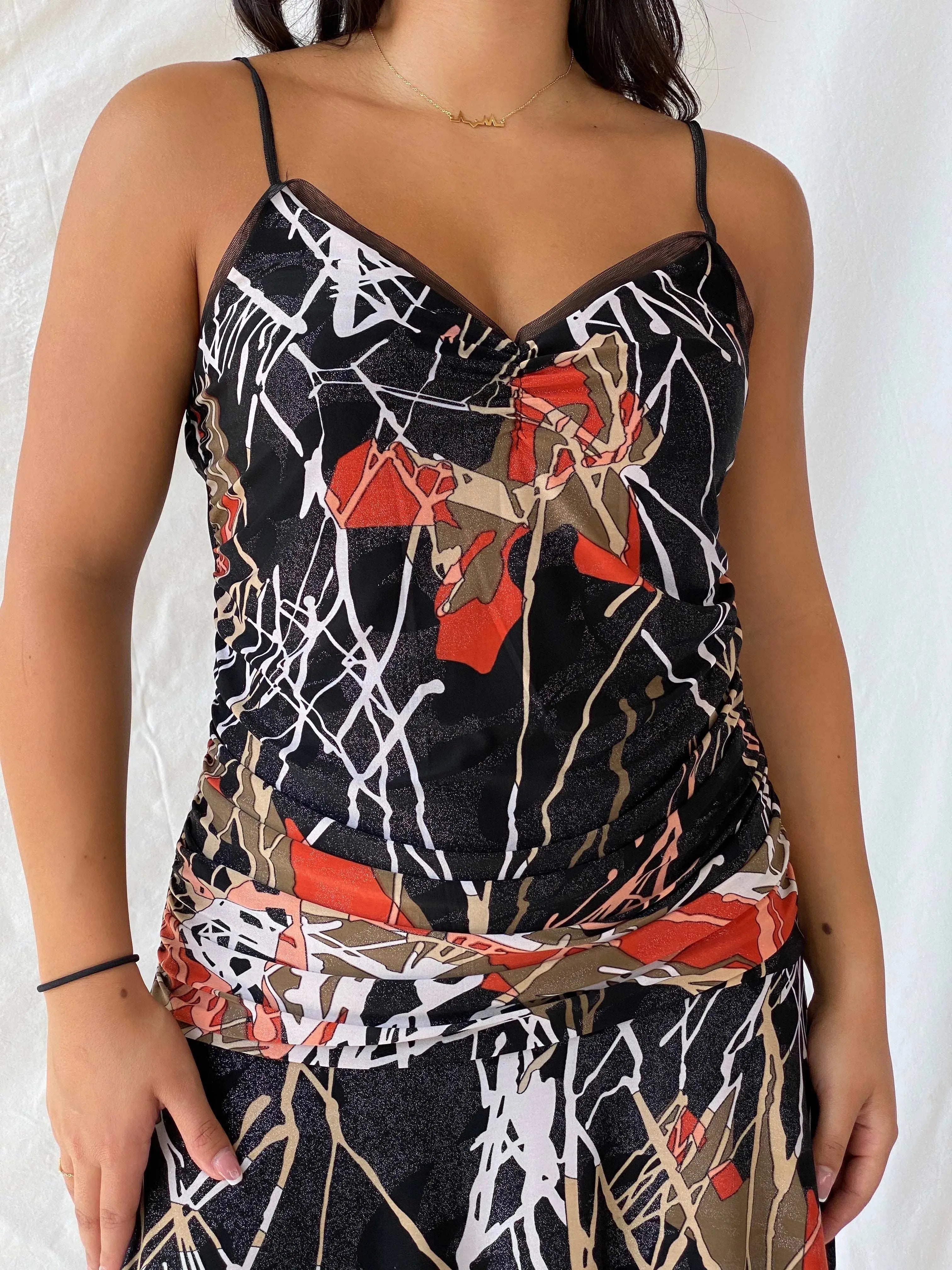 Vintage Handmade Shimmery Black Abstract Line Print Midi Dress - L - Balagan Vintage Midi Dress 00s, 90s dress, Deals, dress, Lana, midi dress, spaghetti strap dress, summer, Wedding Guest, womens