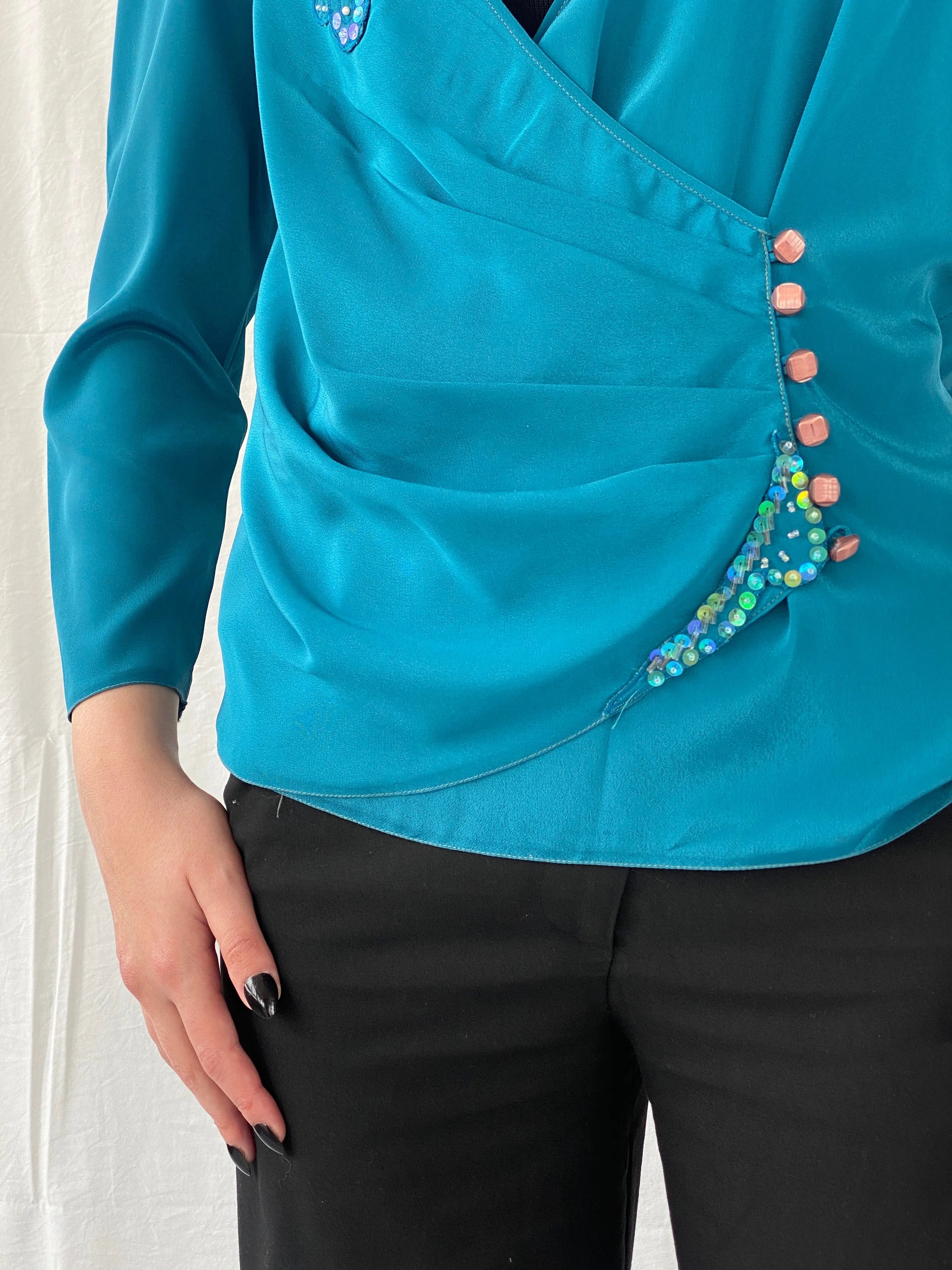 Vintage Handmade Turquoise Aqua Women’s Long Sleeve Sequin Party Wrap Blouse - M - Balagan Vintage Full sleeve Shirt 00s, Ayah, full sleeve shirt, shirt, women shirt