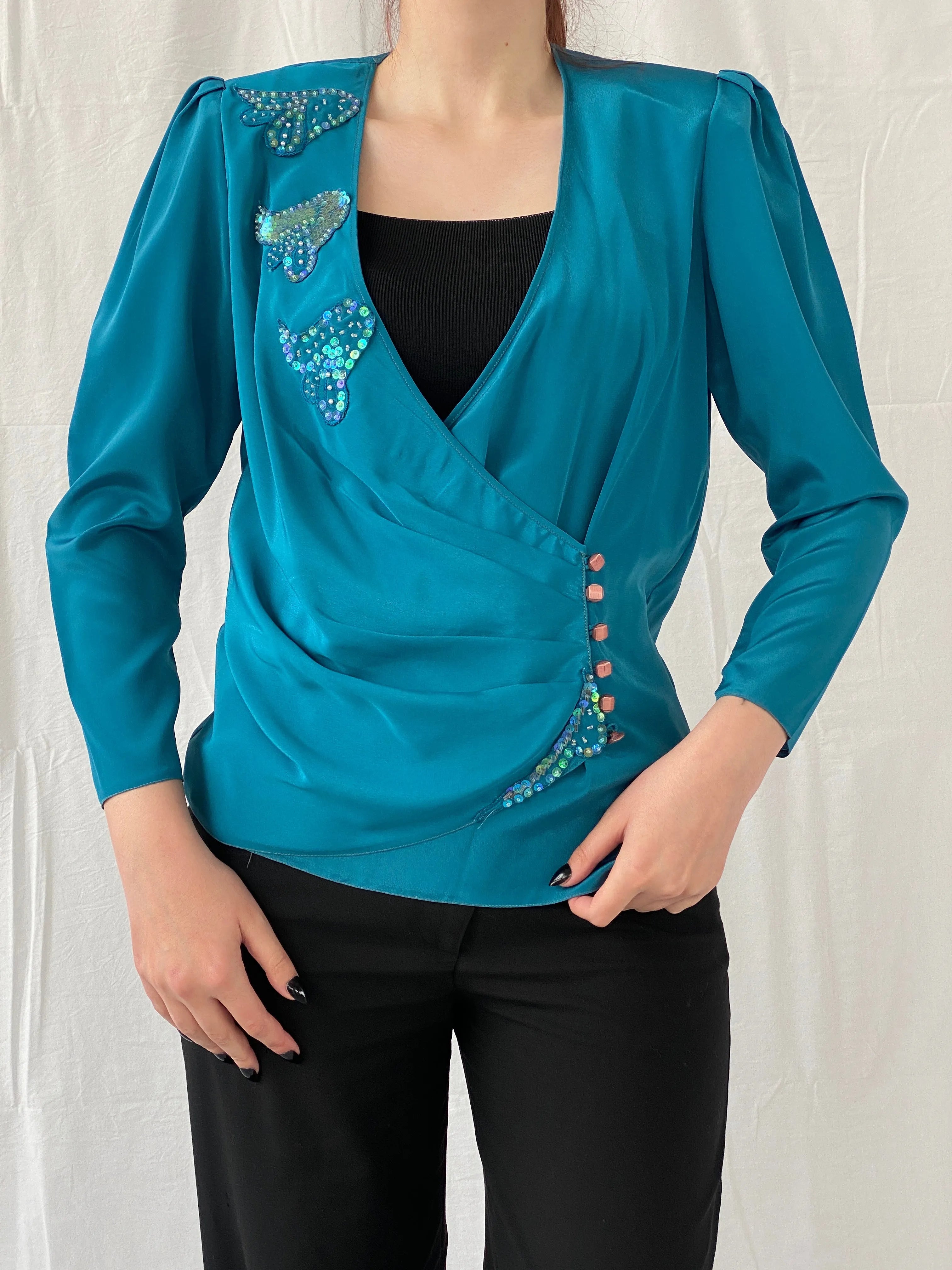 Vintage Handmade Turquoise Aqua Women’s Long Sleeve Sequin Party Wrap Blouse - M - Balagan Vintage Full sleeve Shirt 00s, Ayah, full sleeve shirt, shirt, women shirt