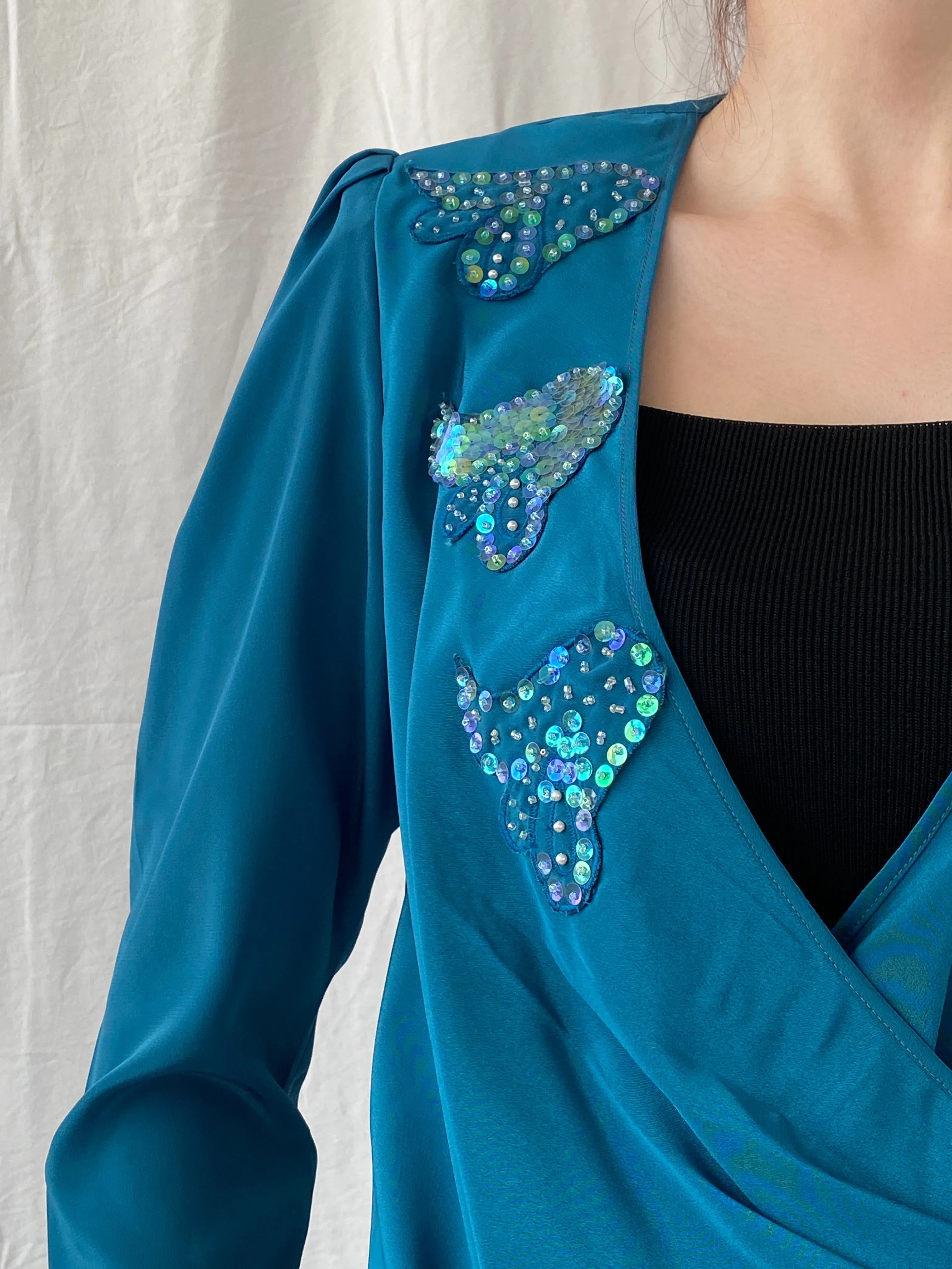 Vintage Handmade Turquoise Aqua Women’s Long Sleeve Sequin Party Wrap Blouse - M - Balagan Vintage Full sleeve Shirt 00s, Ayah, full sleeve shirt, shirt, women shirt