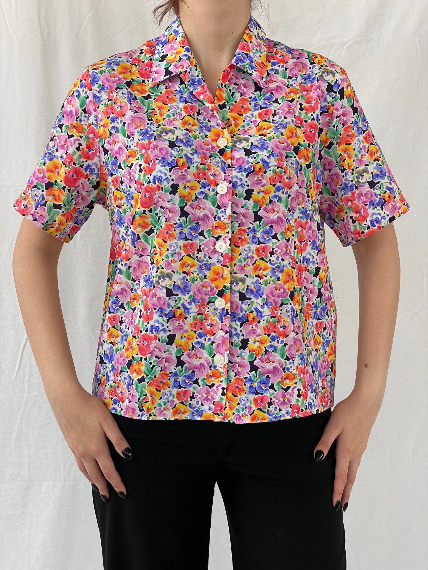 Vintage Handmade Women’s Floral Half Sleeve Button Up Shirt - M - Balagan Vintage Half Sleeve Shirt 00s, Ayah, floral shirt, half sleeve shirt, shirt, women shirt