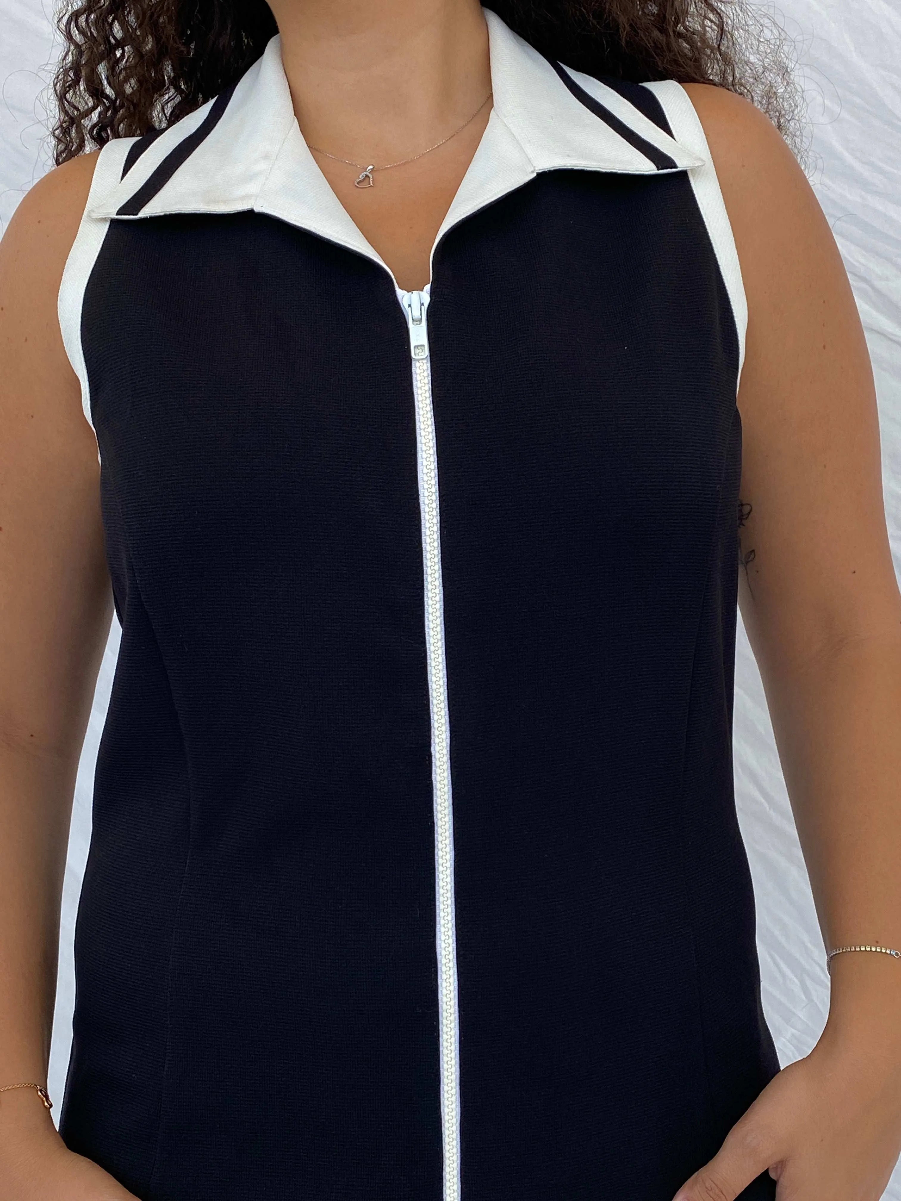 Vintage Handmade Zip-Up Tennis Style Black Midi Dress with White Collar - L - Balagan Vintage Midi Dress 00s, 90s, 90s dress, Deals, Dina, handmade, midi dress