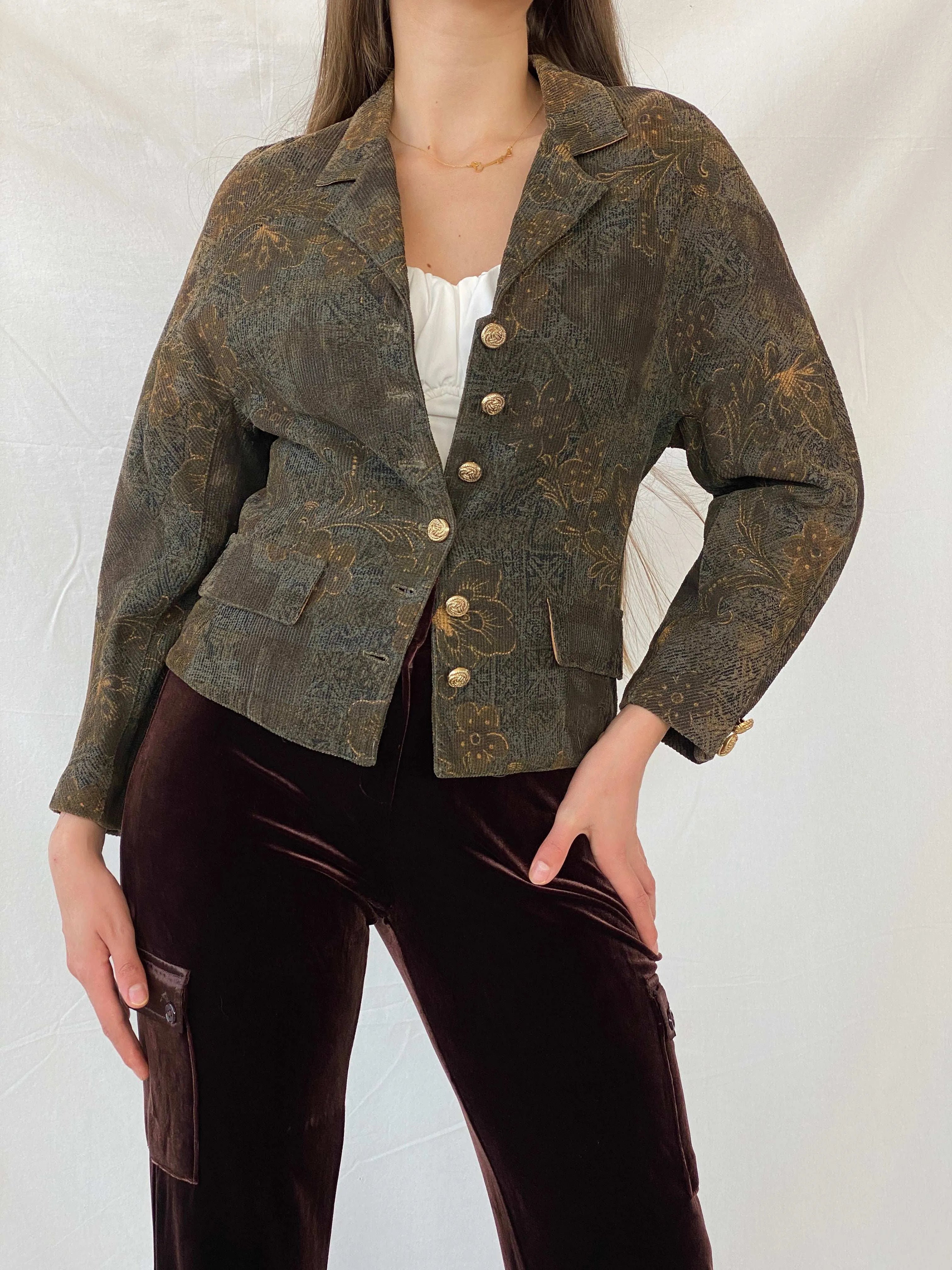 Vintage Happening Floral Olive Green Corduroy Heavy Blazer - M - Balagan Vintage Blazer 00s, blazer, full sleeve blazer, Mira