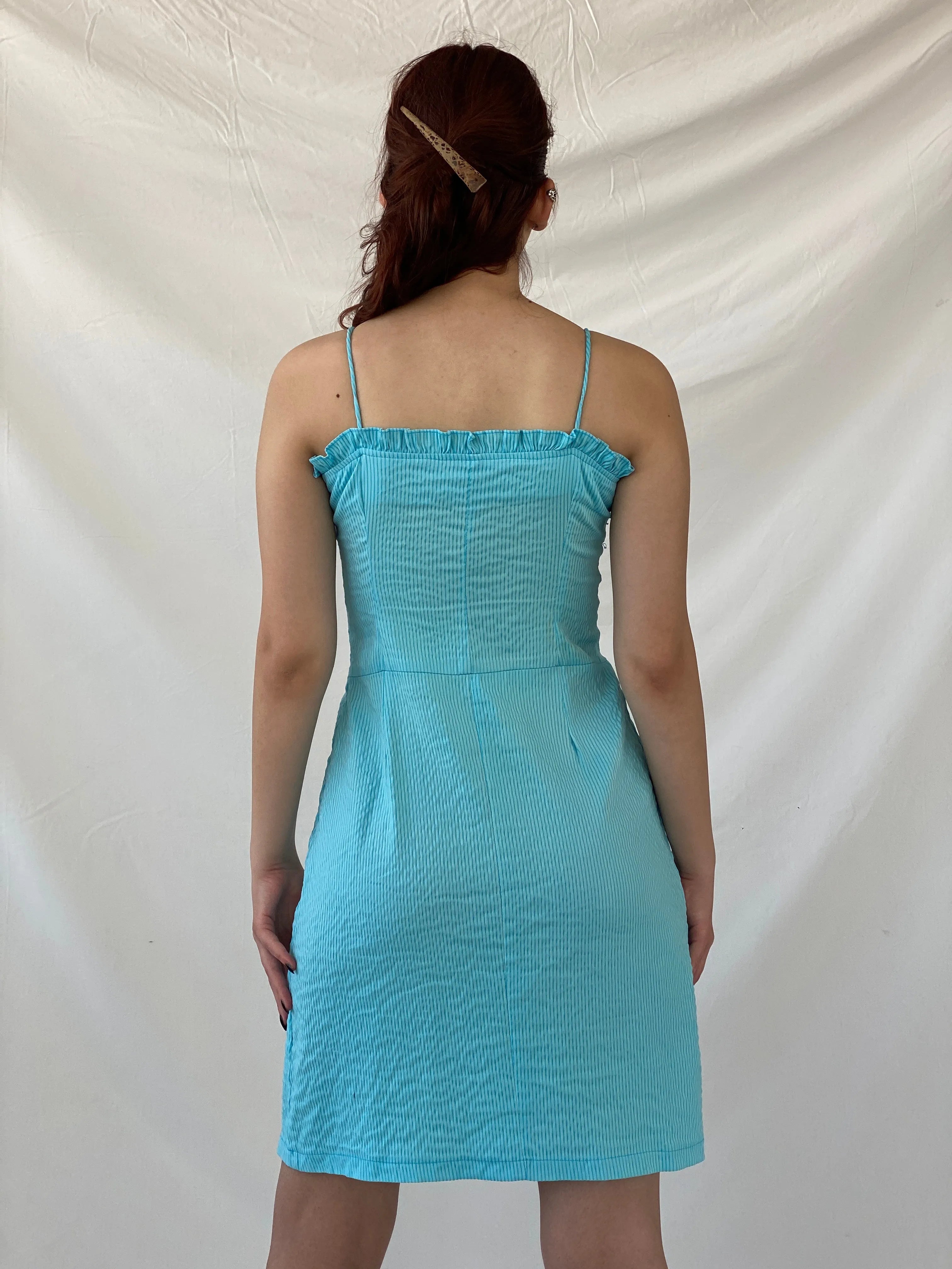 Vintage Hayg Striped Blue Beaded Ruffle Summer Knee Length Dress - M - Balagan Vintage Midi Dress Ayah, dress, midi dress, striped, summer dress, winter