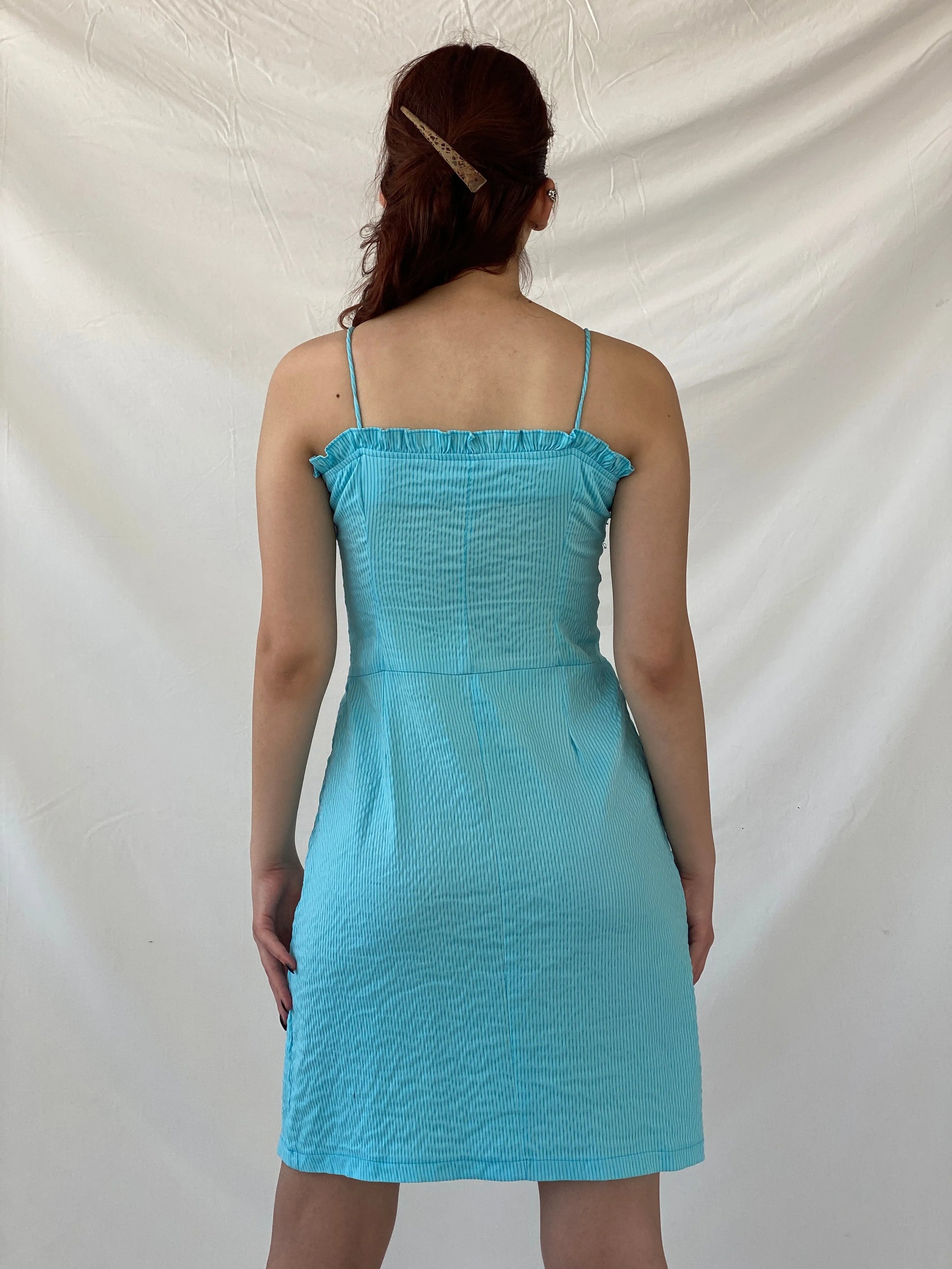 Vintage Hayg Striped Blue Beaded Ruffle Summer Knee Length Dress - M - Balagan Vintage Midi Dress Ayah, dress, midi dress, striped, summer dress, winter