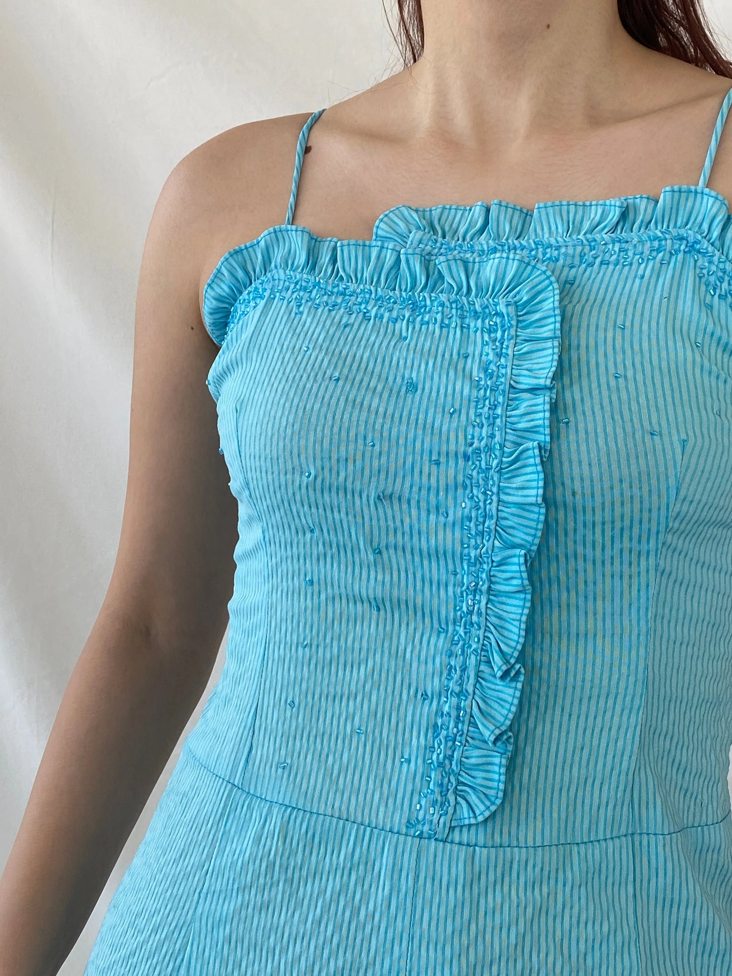 Vintage Hayg Striped Blue Beaded Ruffle Summer Knee Length Dress - M - Balagan Vintage Midi Dress Ayah, dress, midi dress, striped, summer dress, winter