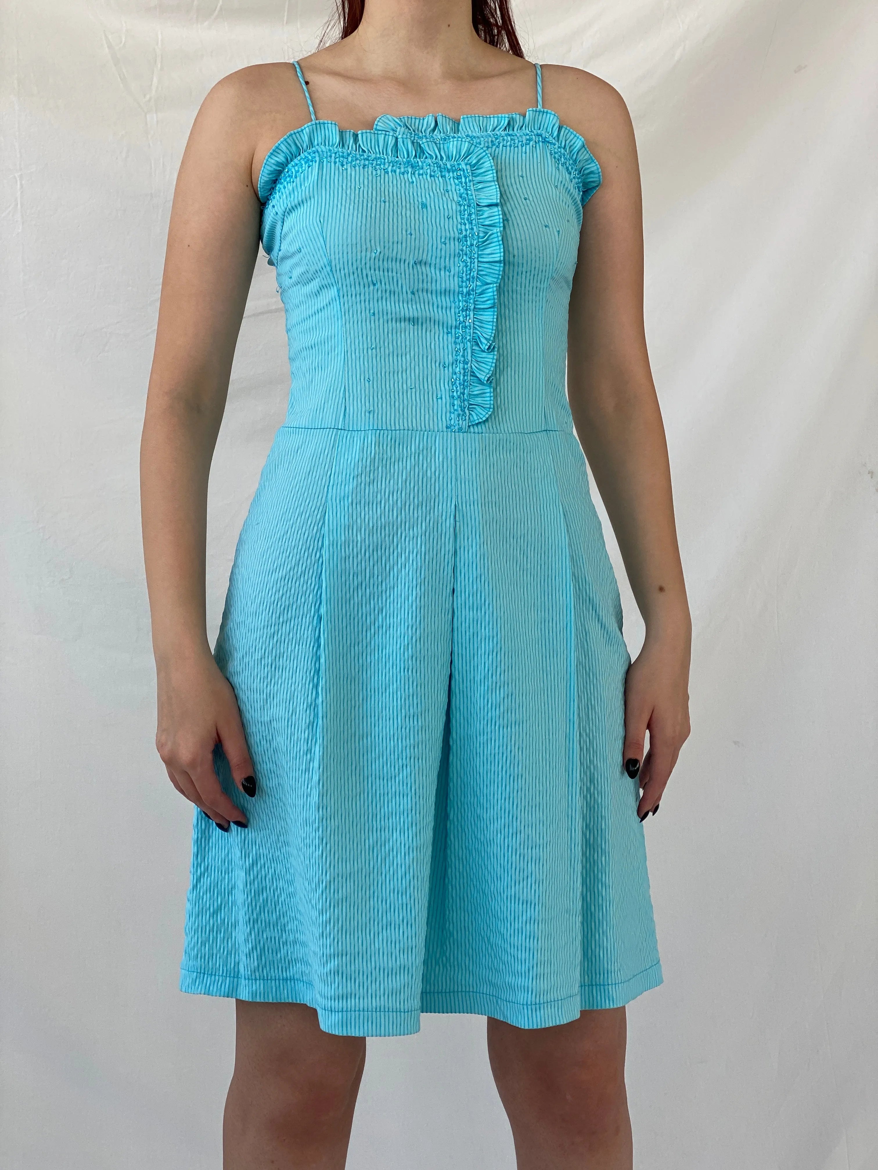 Vintage Hayg Striped Blue Beaded Ruffle Summer Knee Length Dress - M - Balagan Vintage Midi Dress Ayah, dress, midi dress, striped, summer dress, winter