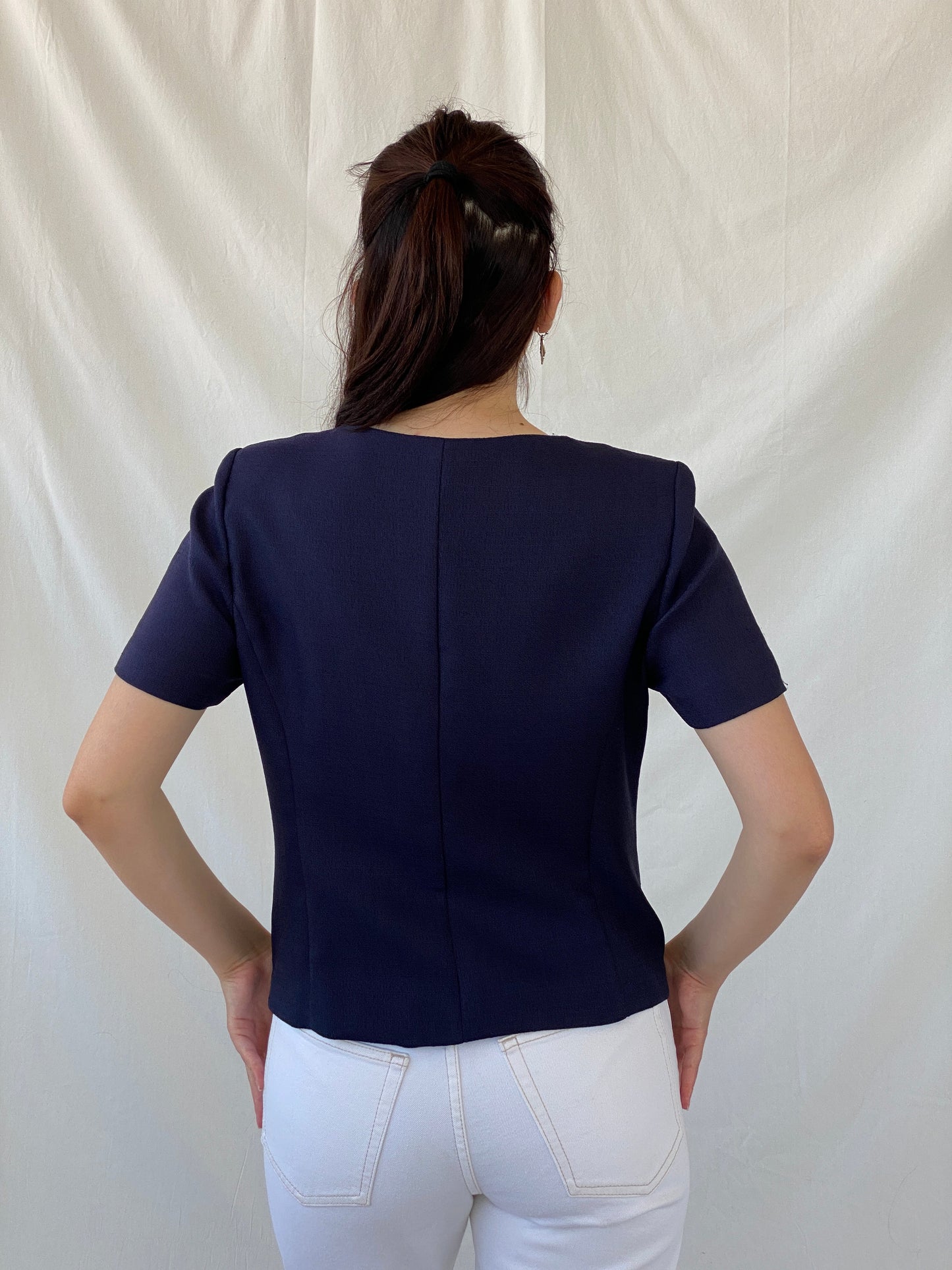 Vintage HBS Collection Navy White Buttons Women’s Short Sleeve Blazer - M - Balagan Vintage Blazer 00s, Ayah, blazer, half sleeve blazer, NEW IN, striped